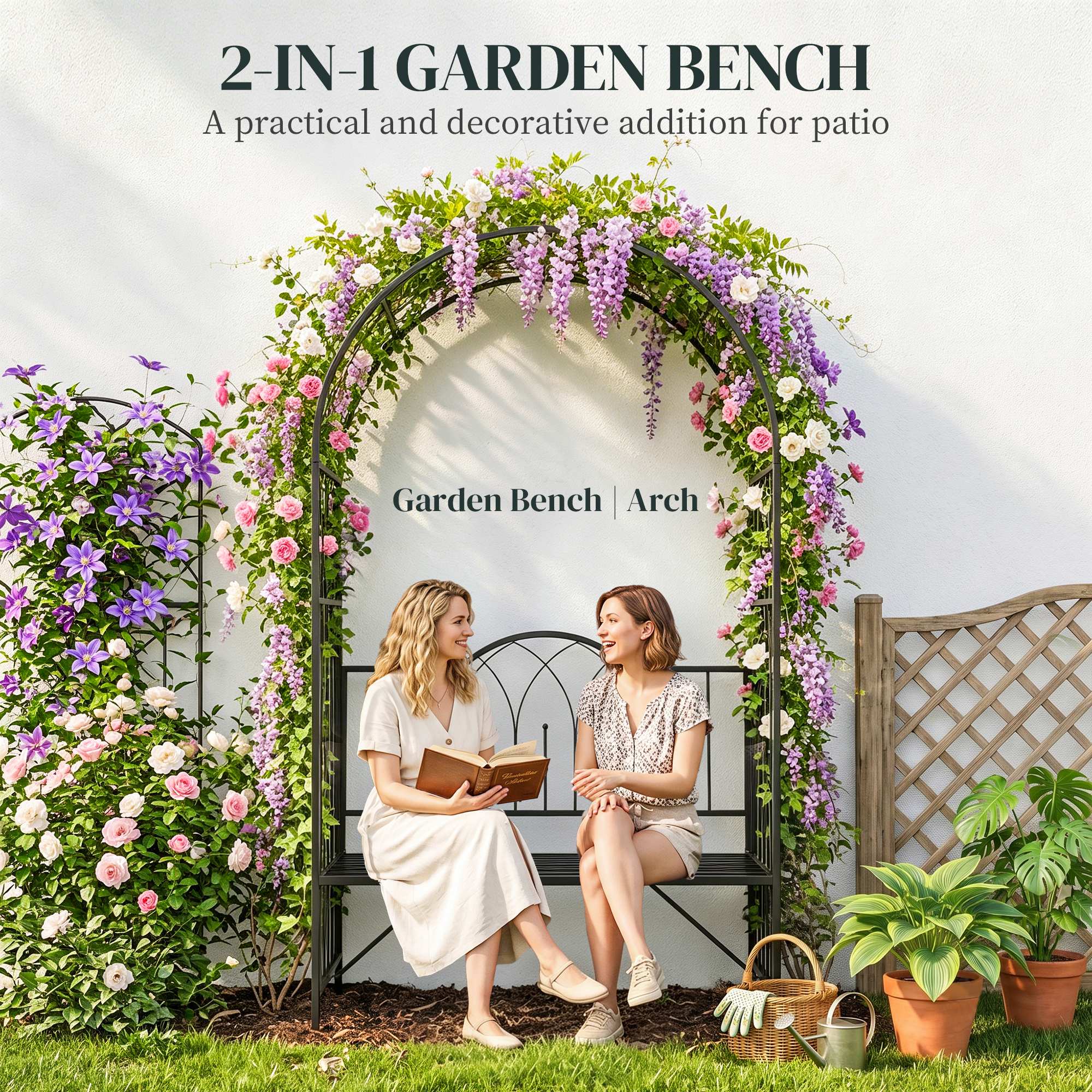 Metal Trellis Arbor Arch for Climbing Plants with Garden Bench, Grow Grapes and Vines, Decorative Seating, Black