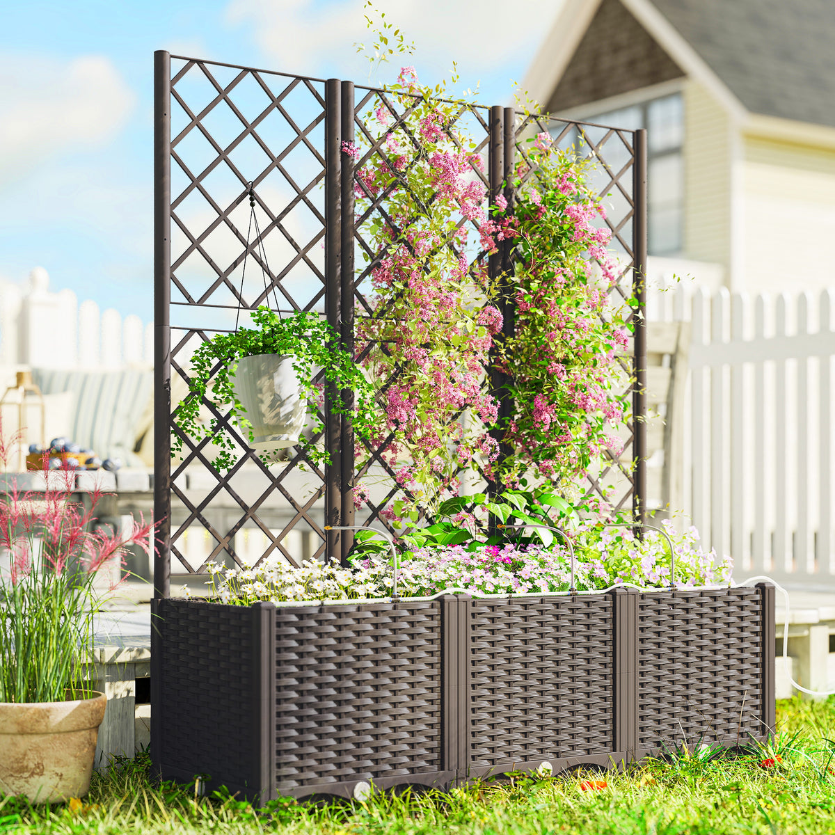 3PCS Plastic Planter Box with Trellis, Self-Watering Raised Garden Bed with Trellis and Automatic Watering Timer Kit