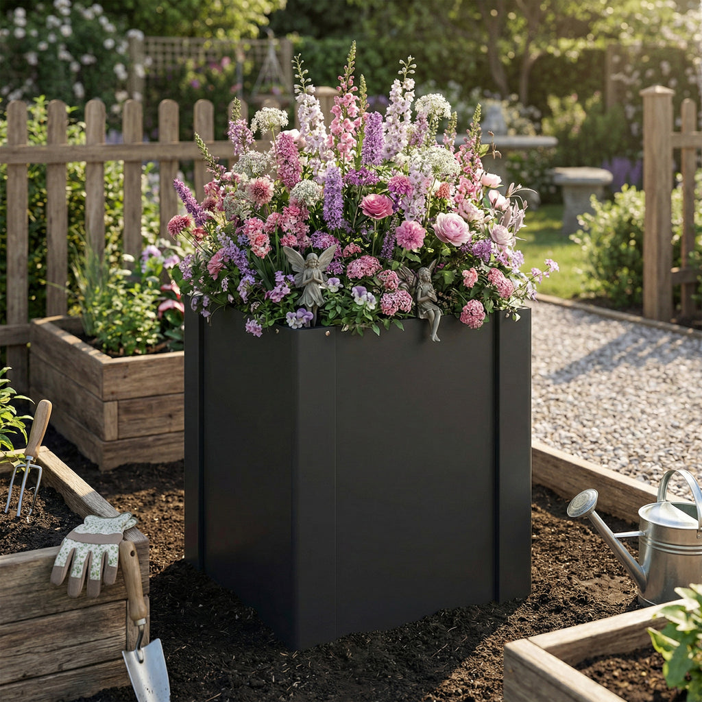 Raised Garden Bed Galvanized Planter Box Outdoor with Gloves for Gardening Vegetables, Flower, Herb, 1.4 x 1.4 x 1.5 ft, Black