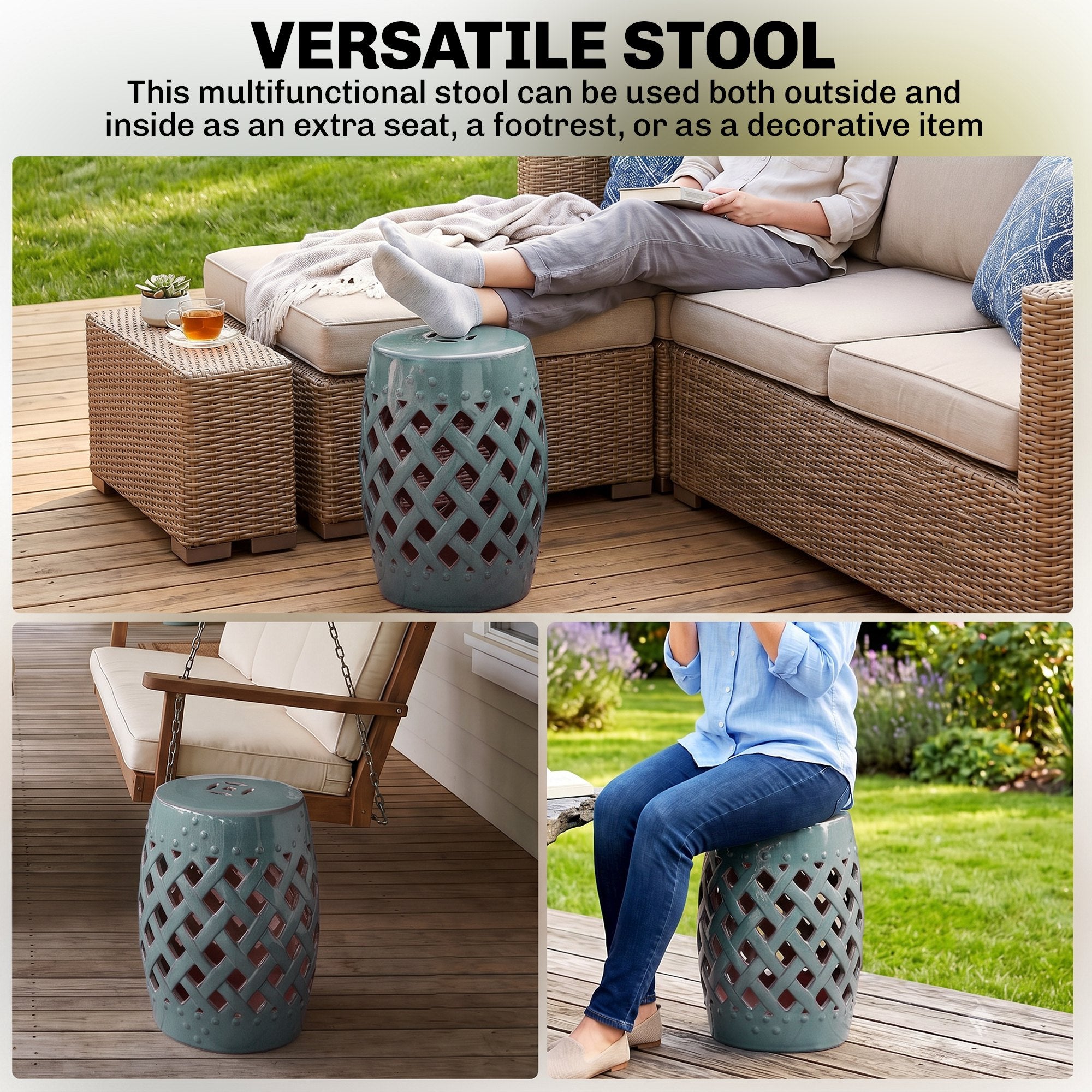 12.5" x 18" Ceramic Garden Stool with Woven Lattice Design & Glazed Strong Materials Decorative Outdoor Stool, Green