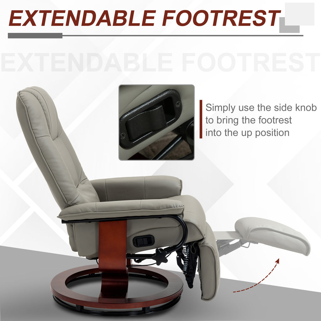 Faux Leather Manual Recliner, Adjustable Swivel Lounge Chair with Footrest, Armrest and Wrapped Wood Base for Living Room, Gray
