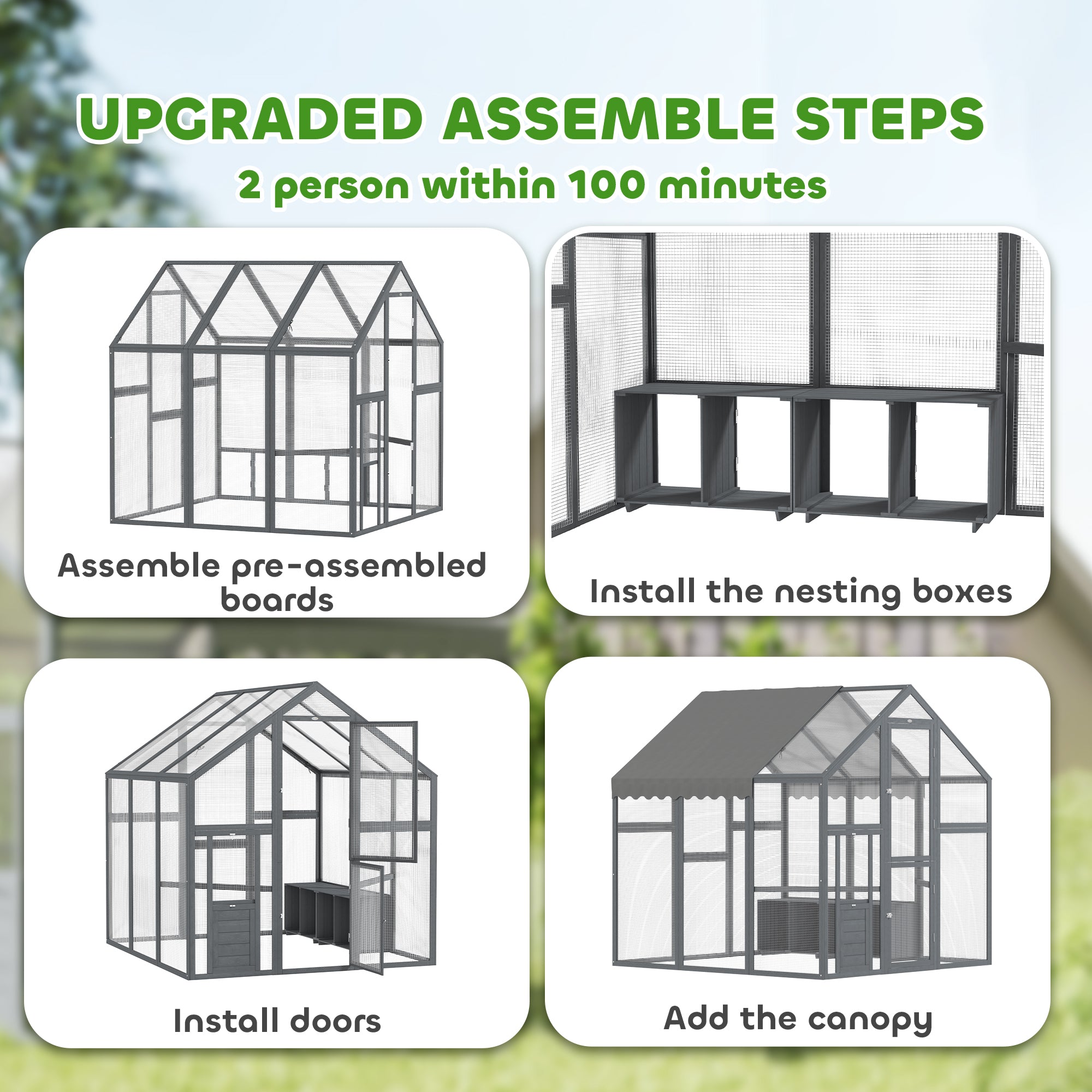 Large Wooden Chicken Run with Waterproof & Anti-UV Cover, for 6-8 Chickens, for Backyard, Farm, Gray