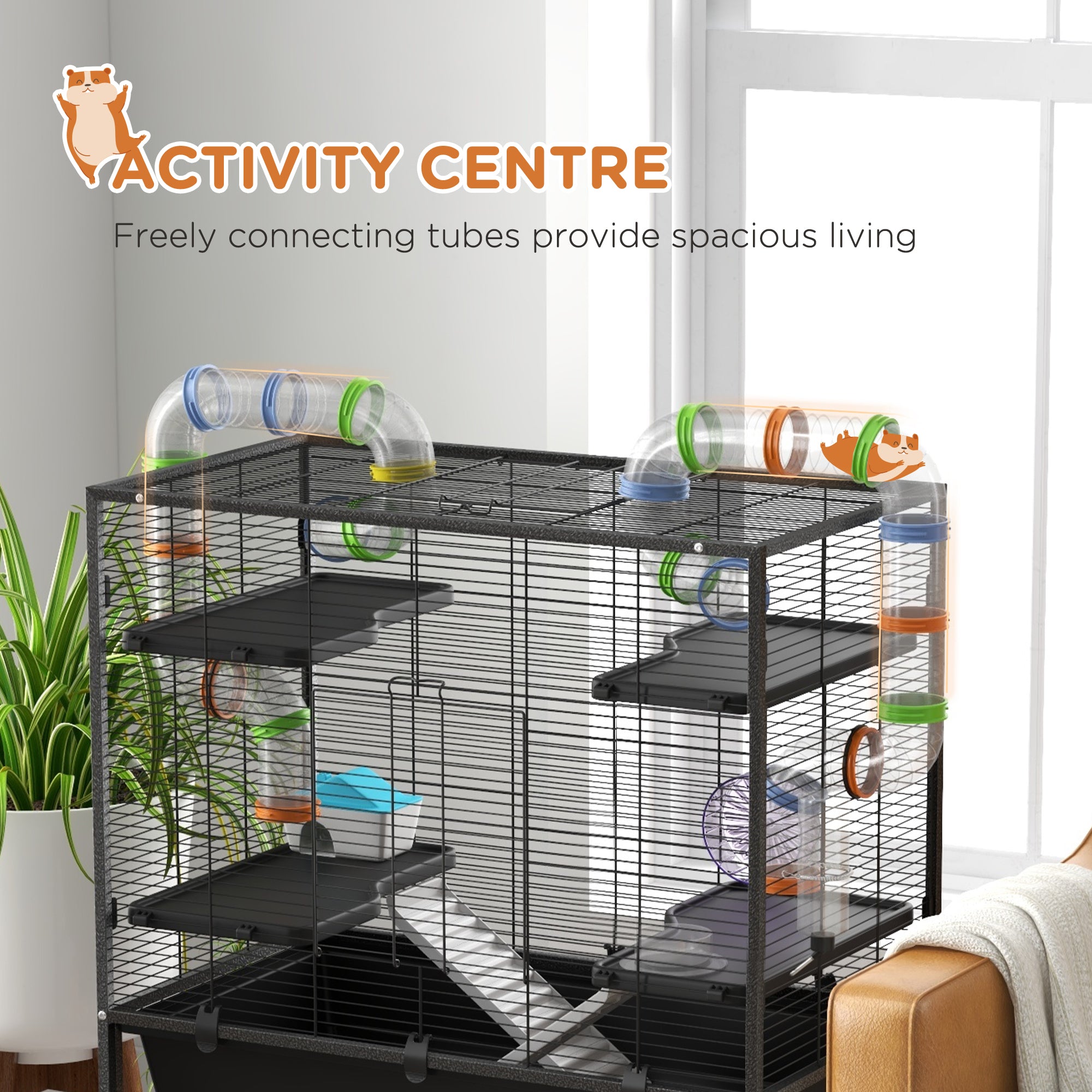 Small Animal Cage for Syrian Hamster, Gerbil Cage with Tubing System, Running Wheel, Ramps, Platforms