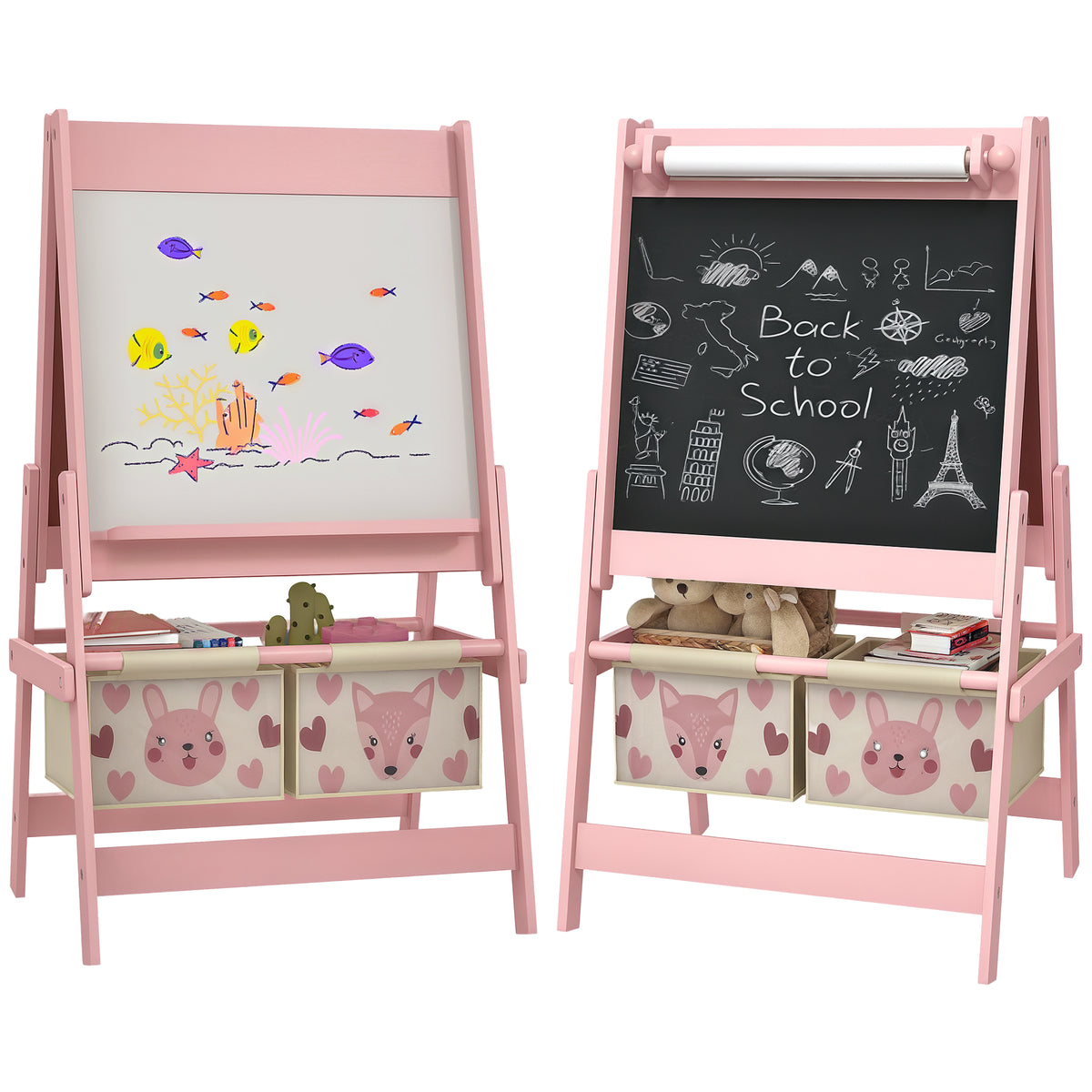 Art Easel for Kids with Paper Roll, Blackboard, Whiteboard, Storage, Pink