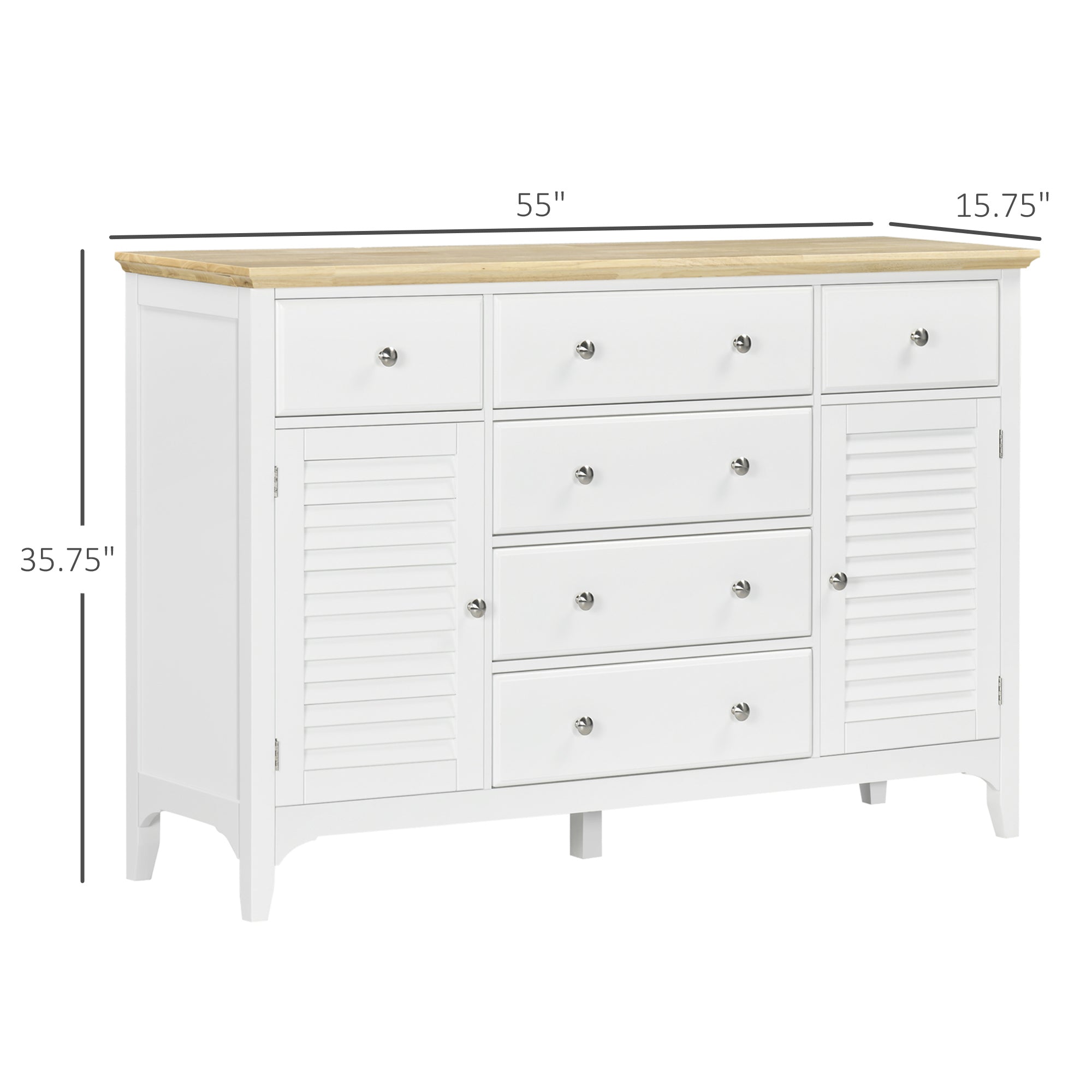 Sideboard Buffet Cabinet with Storage Drawers, Rubber Wood Top and Adjustable Shelves, Coffee Bar Cabinet, White