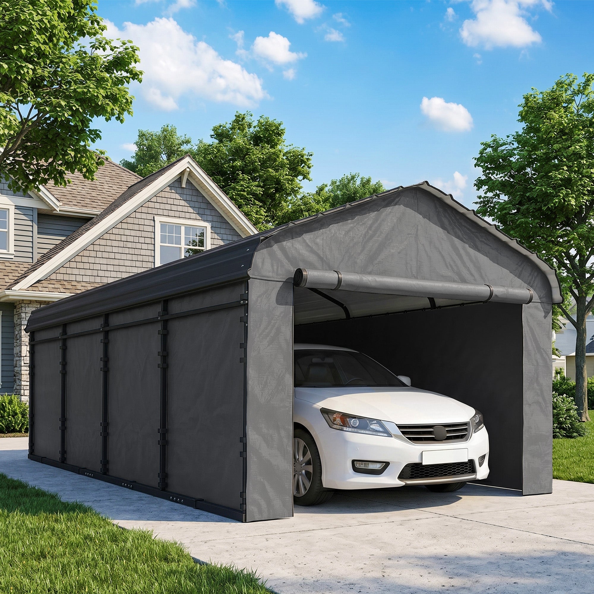 12' x 20' Metal Carport, Heavy Duty Garage Car Canopy with Galvanized Metal Roof and Removable Sidewalls, Dark Gray