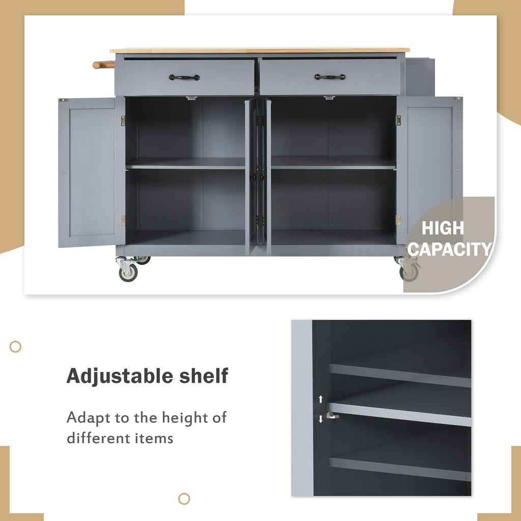 Kitchen Island Cart with 4-Door Cabinet, 2 Drawers, Solid Wood Top, Locking Wheels, Spice and Towel Racks, 54.5" L x 18.5" W x 36" H, Blue