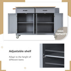 Kitchen Island Cart with 4-Door Cabinet, 2 Drawers, Solid Wood Top, Locking Wheels, Spice and Towel Racks, 54.5" L x 18.5" W x 36" H, Blue