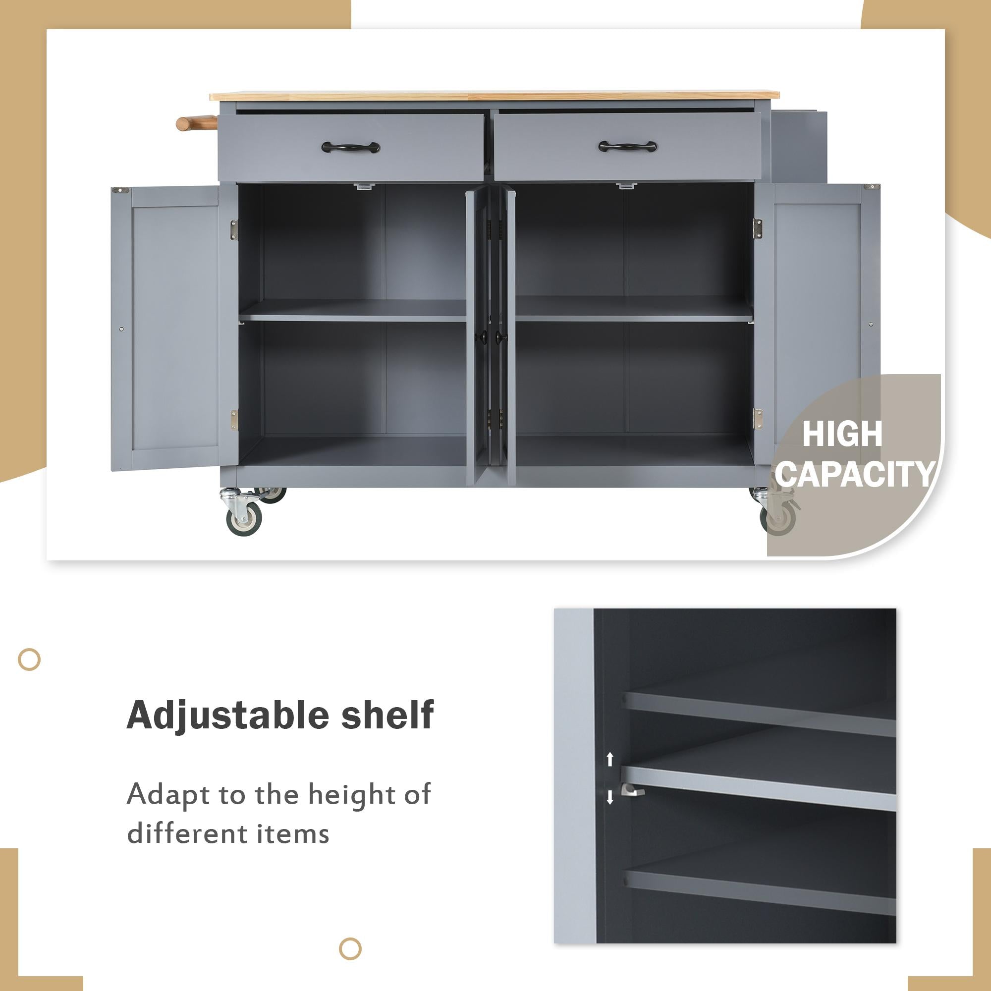Kitchen Island Cart with 4-Door Cabinet, 2 Drawers, Solid Wood Top, Locking Wheels, Spice and Towel Racks, 54.5" L x 18.5" W x 36" H, Blue