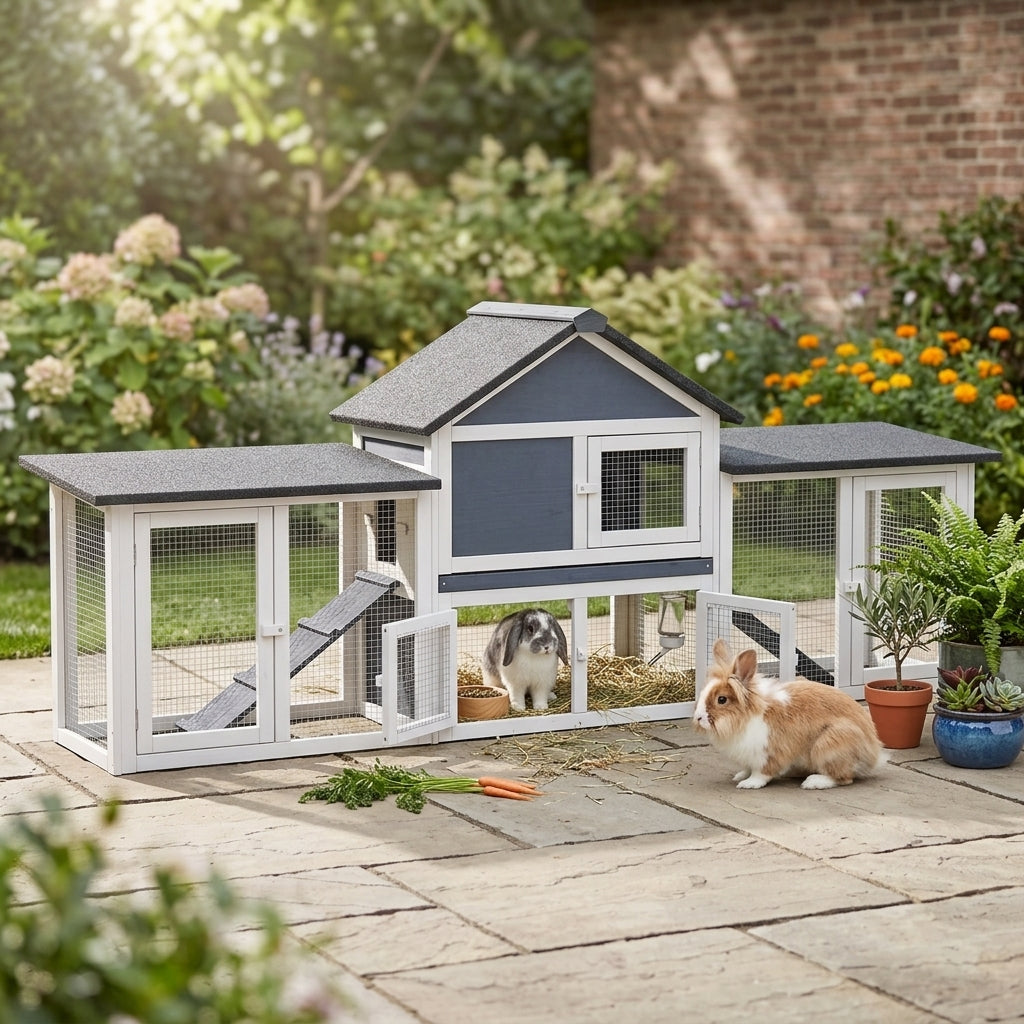 Outdoor Rabbit House 83" 2 Story Deluxe XL Wooden Rabbit Hutch, Big Bunny Cage w/ Ladder and Run, Dark Gray