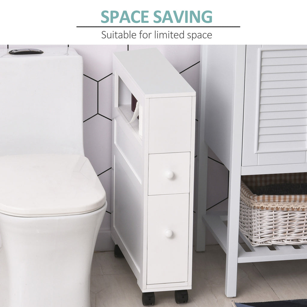 6.25" x 20.5" x 28.25" Wood Rolling Narrow Bathroom Side Storage Cabinet - White