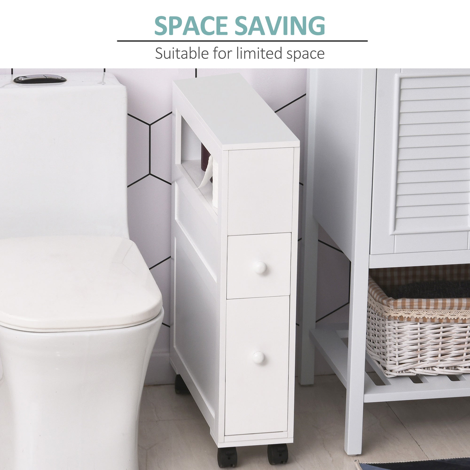 6.25" x 20.5" x 28.25" Wood Rolling Narrow Bathroom Side Storage Cabinet - White