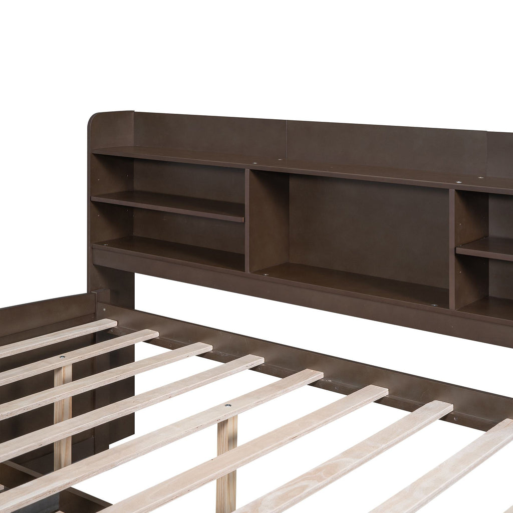 Classic Style Full Size Wooden Captain Bed with Built-in Bookshelves, 3 Storage Drawers, Trundle, 79" L x 104.5" W x 47" H, Antique Gray