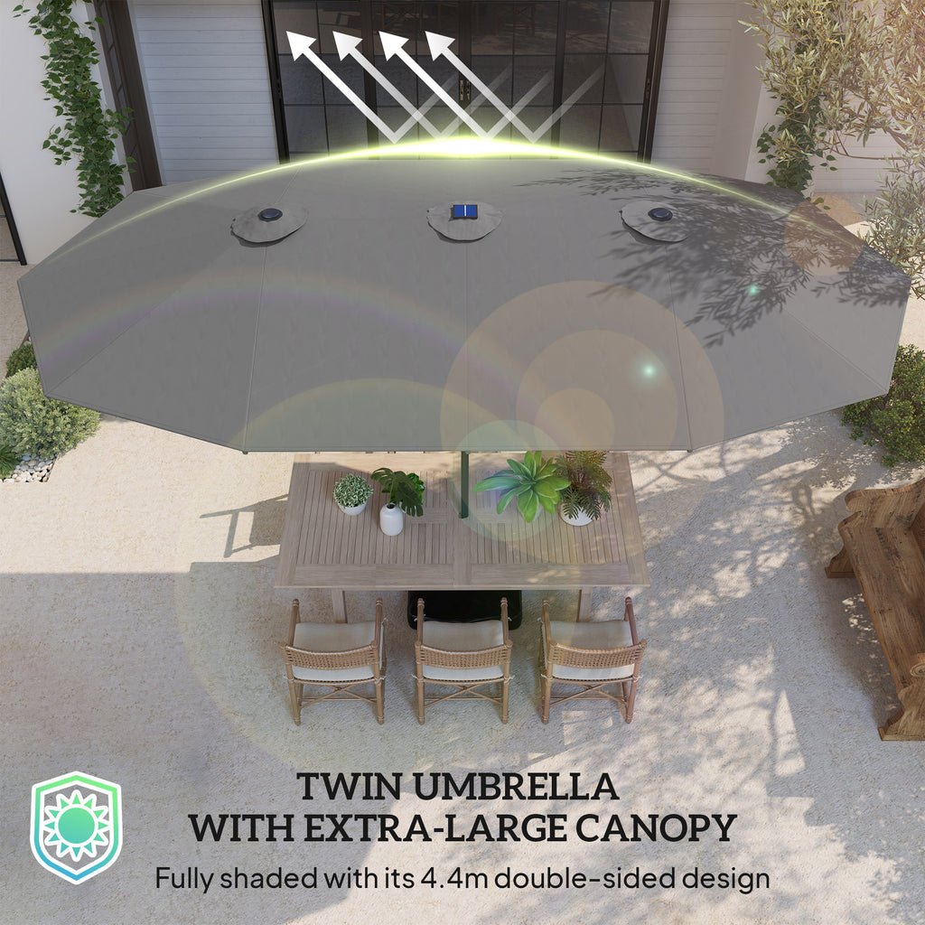 Garden Parasol 14.4ft Double-Sided Sun Umbrella with Base, Patio Parasol with LED Solar Lights, Gray