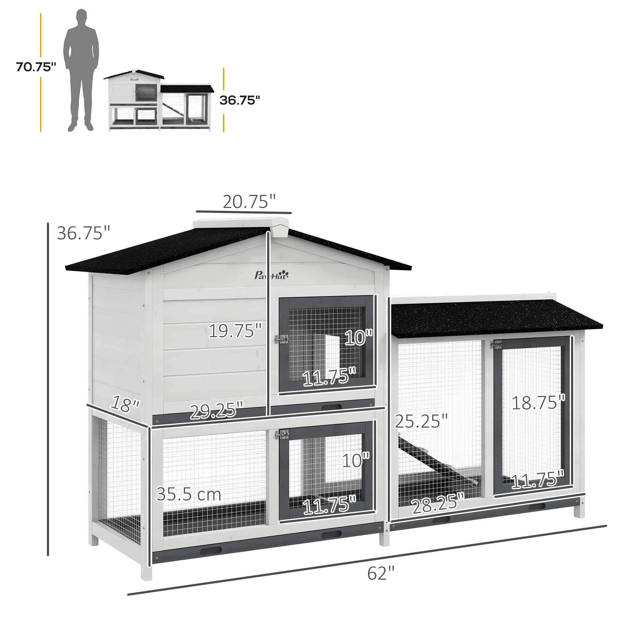 62" Rabbit Hutch, Wooden Bunny Hutch, Guinea Pig Cage, Small Animal Enclosure with Run Area, Removable Tray, Asphalt Roof, Lockable Doors and Ramp, for Rabbits, Chickens, Ducks, White