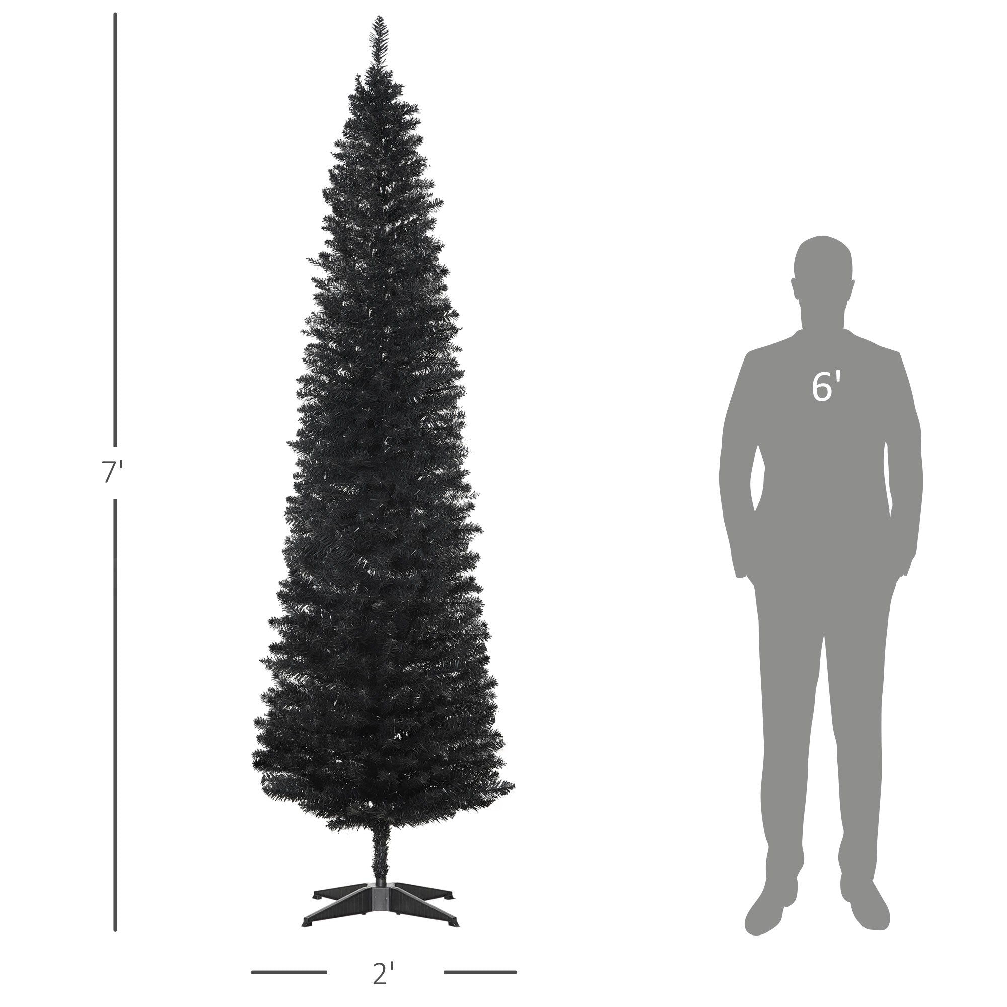 7ft Unlit Pencil Artificial Christmas Tree with Realistic Branches and 499 Tips, Plastic Base, Black