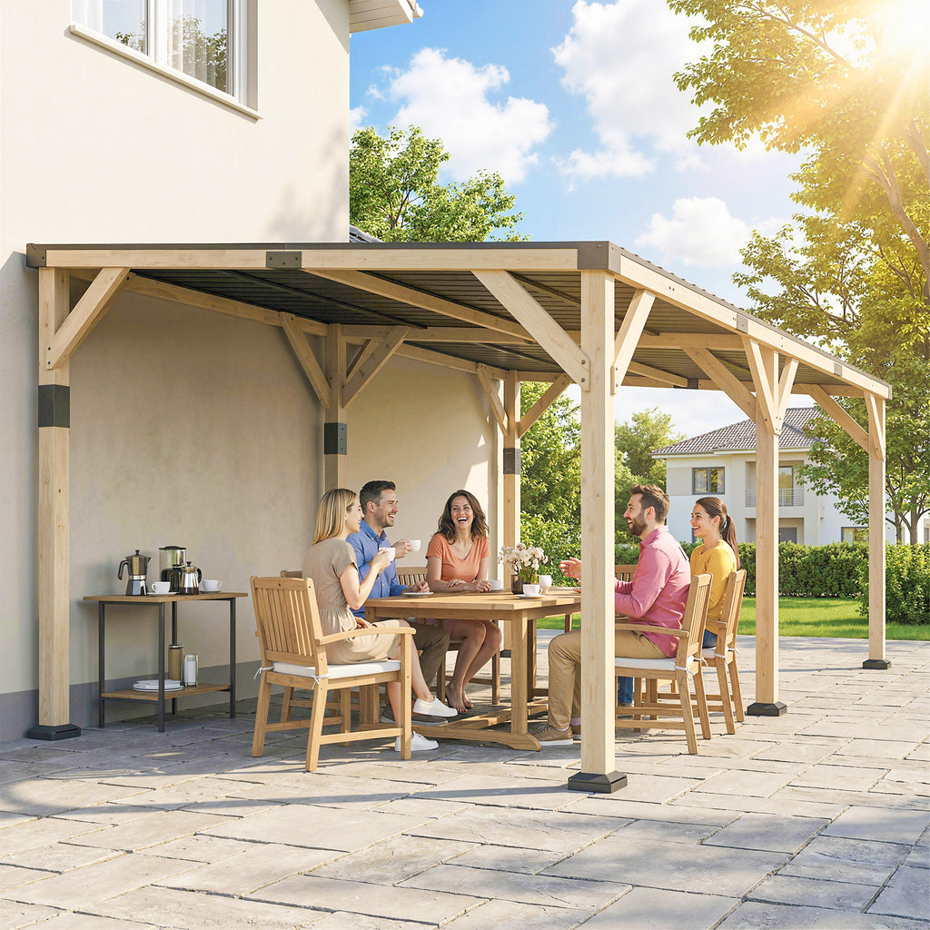 10' x 20' Wooden Gazebo, Hardtop Lean-to Gazebo Pergola with Galvanized Steel Sloped Roof, Light Walnut