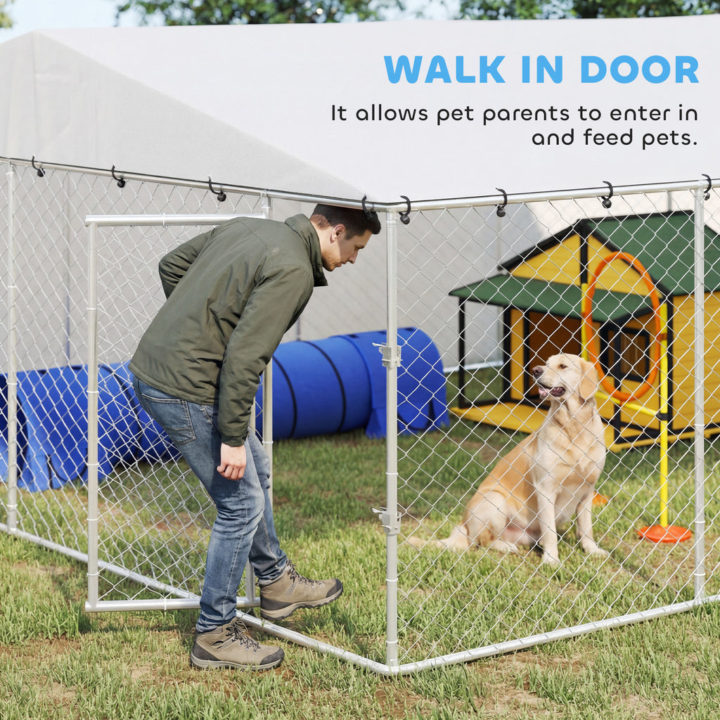 15' x 15' x 7' Dog Kennel Outdoor for Small Medium Large Dogs with Waterproof Roof, Silver