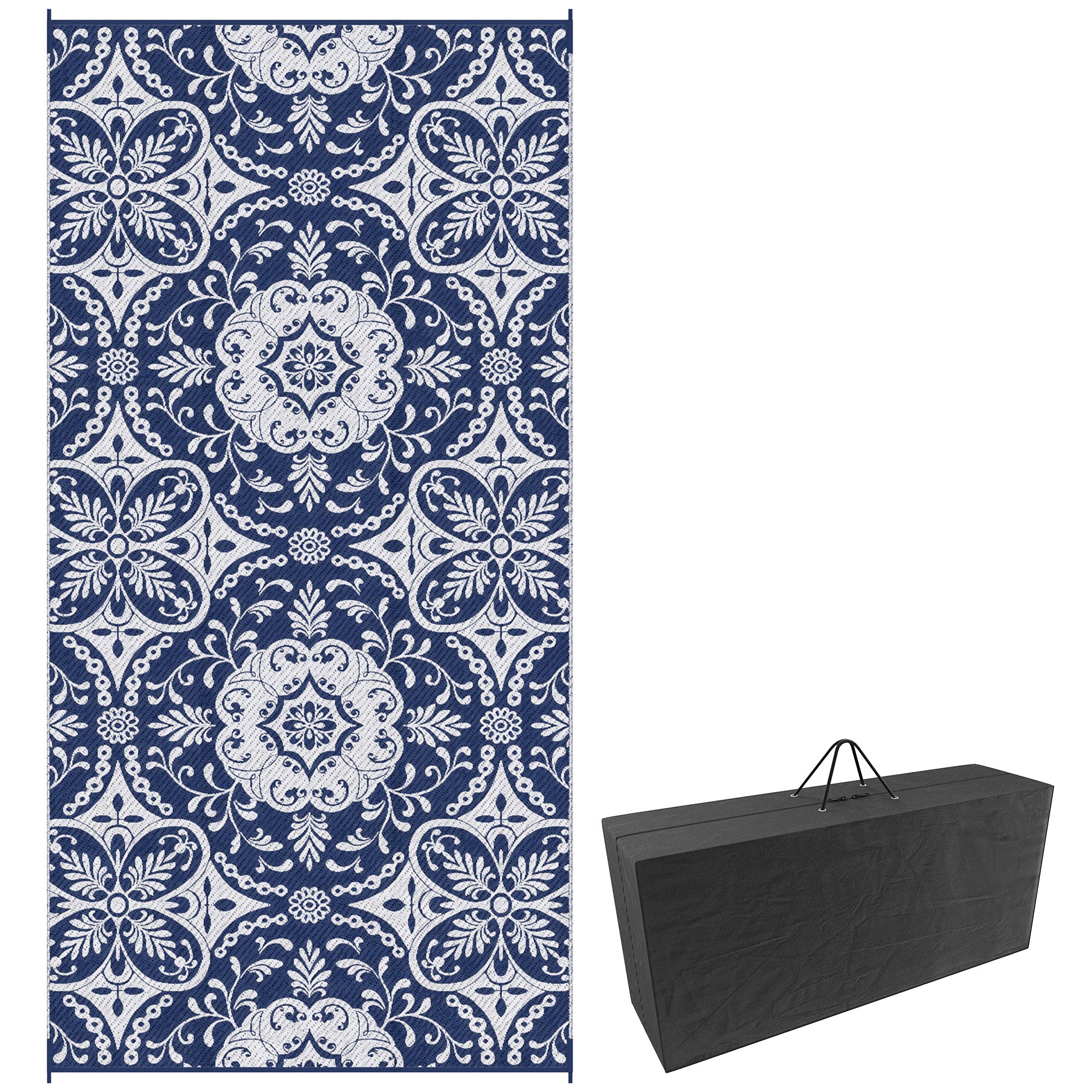 Outdoor Rug for Patio, 9' x 18' Waterproof Large Mat, Reversible Plastic Straw Rug for Decor, Portable Outside RV Camping Area Carpet Mat for Backyard Porch Deck Picnic, Blue & White Floral