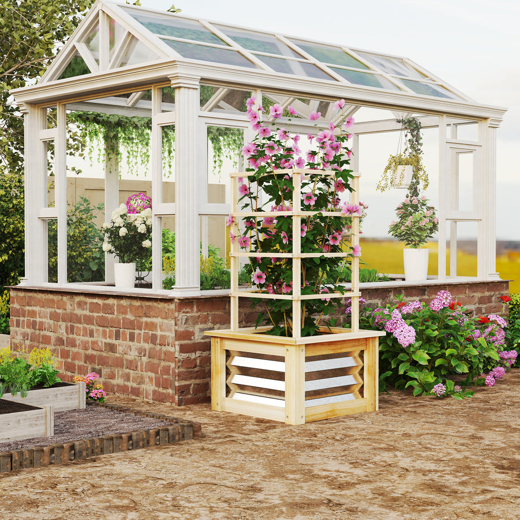 Wooden Raised Garden Bed with Trellis, Galvanized Planter Box Elevated Garden Bed for Garden, Patio, Natural Wood