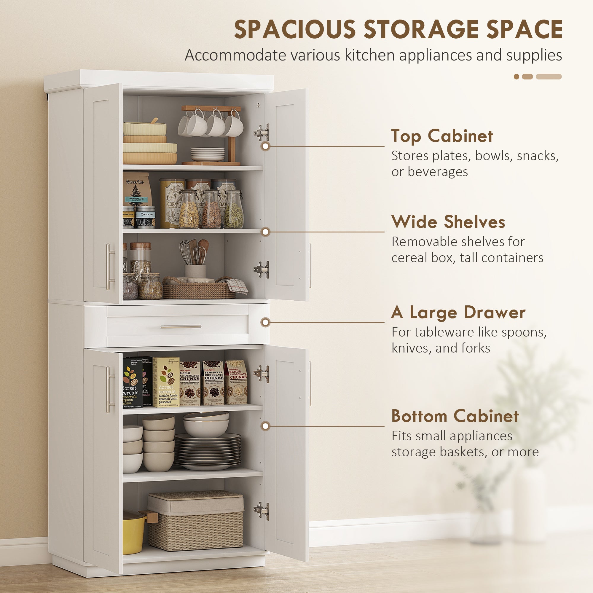Modern Kitchen Pantry Freestanding Cabinet Cupboard with Doors and Drawer, Adjustable Shelving, White