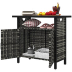 Outdoor Pool Towel Storage Cabinet Organizer, Outdoor Bar Table with Shelf and Cabinet, Pool Towel Holder Pool Valet with Weather-Resistant PE Rattan and Steel Frame, Mixed-Gray