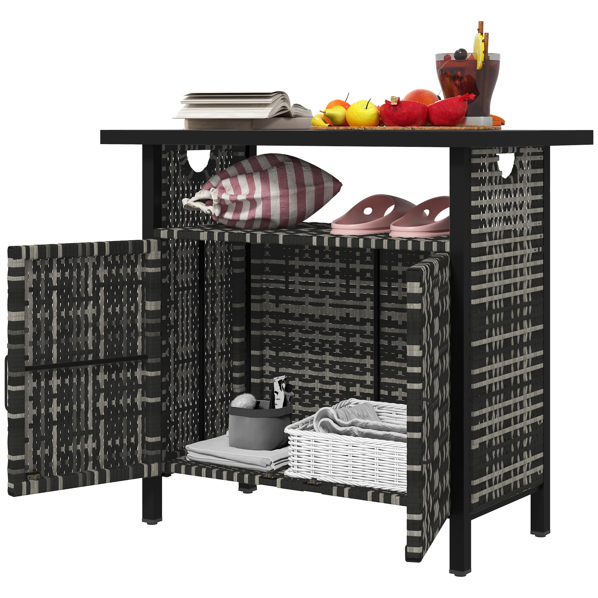 Outdoor Pool Towel Storage Cabinet Organizer, Outdoor Bar Table with Shelf and Cabinet, Pool Towel Holder Pool Valet with Weather-Resistant PE Rattan and Steel Frame, Mixed-Gray