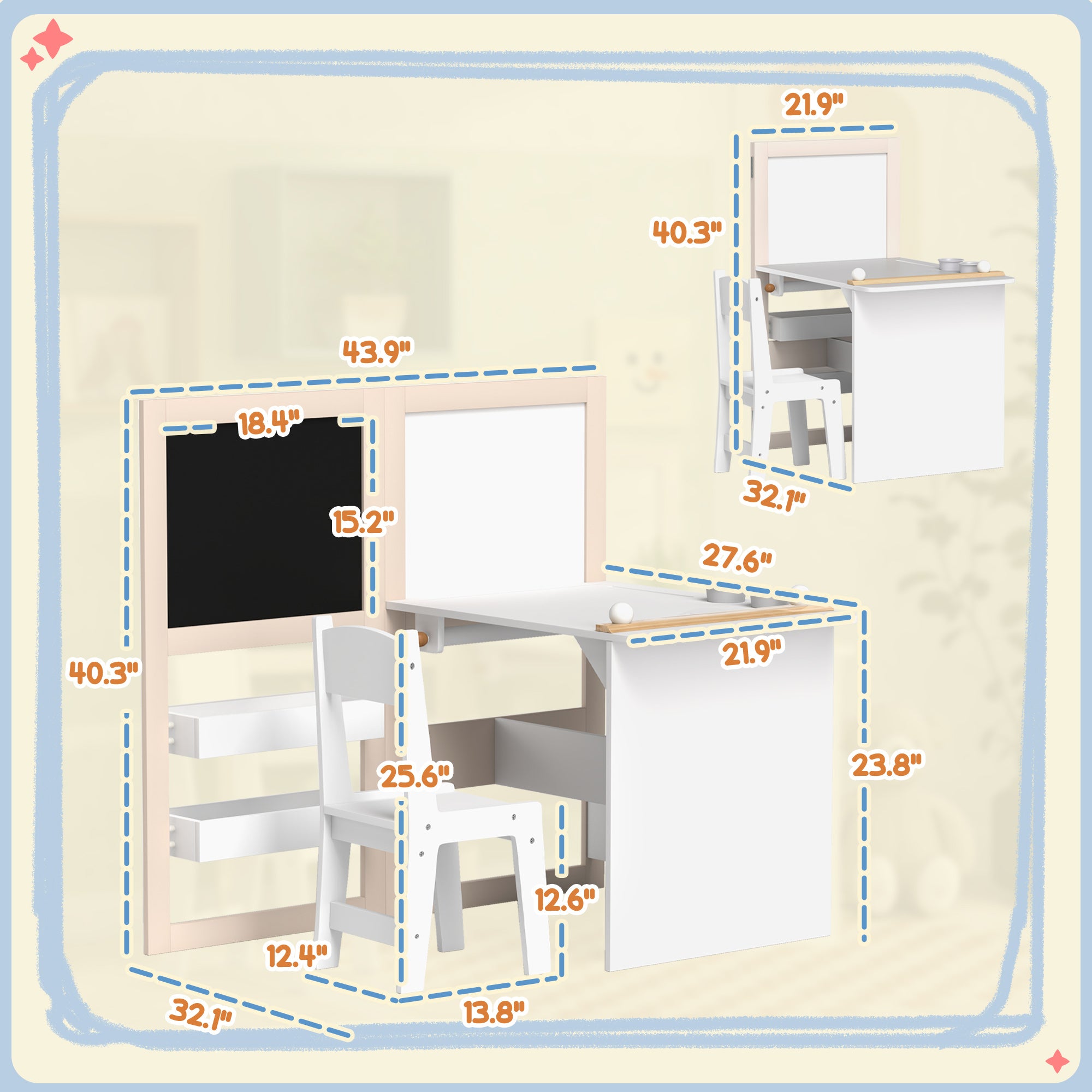 3 in 1 Kids Table and Chair Set with Storage, Whiteboard, Blackboard & Roll Paper for 3-8 Years, White