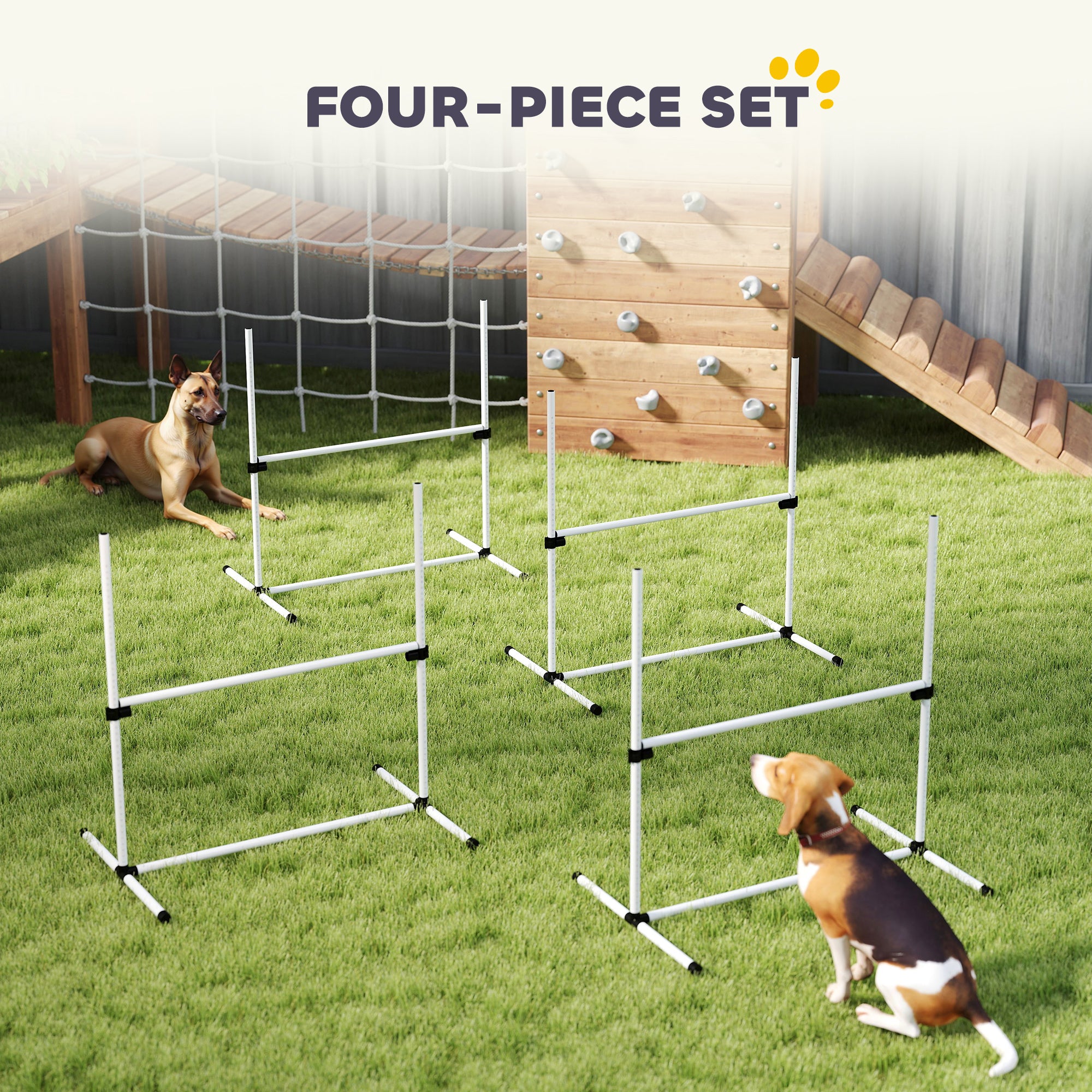 4 Piece Dog Agility Training Equipment for Dog Agility Course with Adjustable Height Jump Bars, Included Carry Bag, & Displacing Top Bar, White