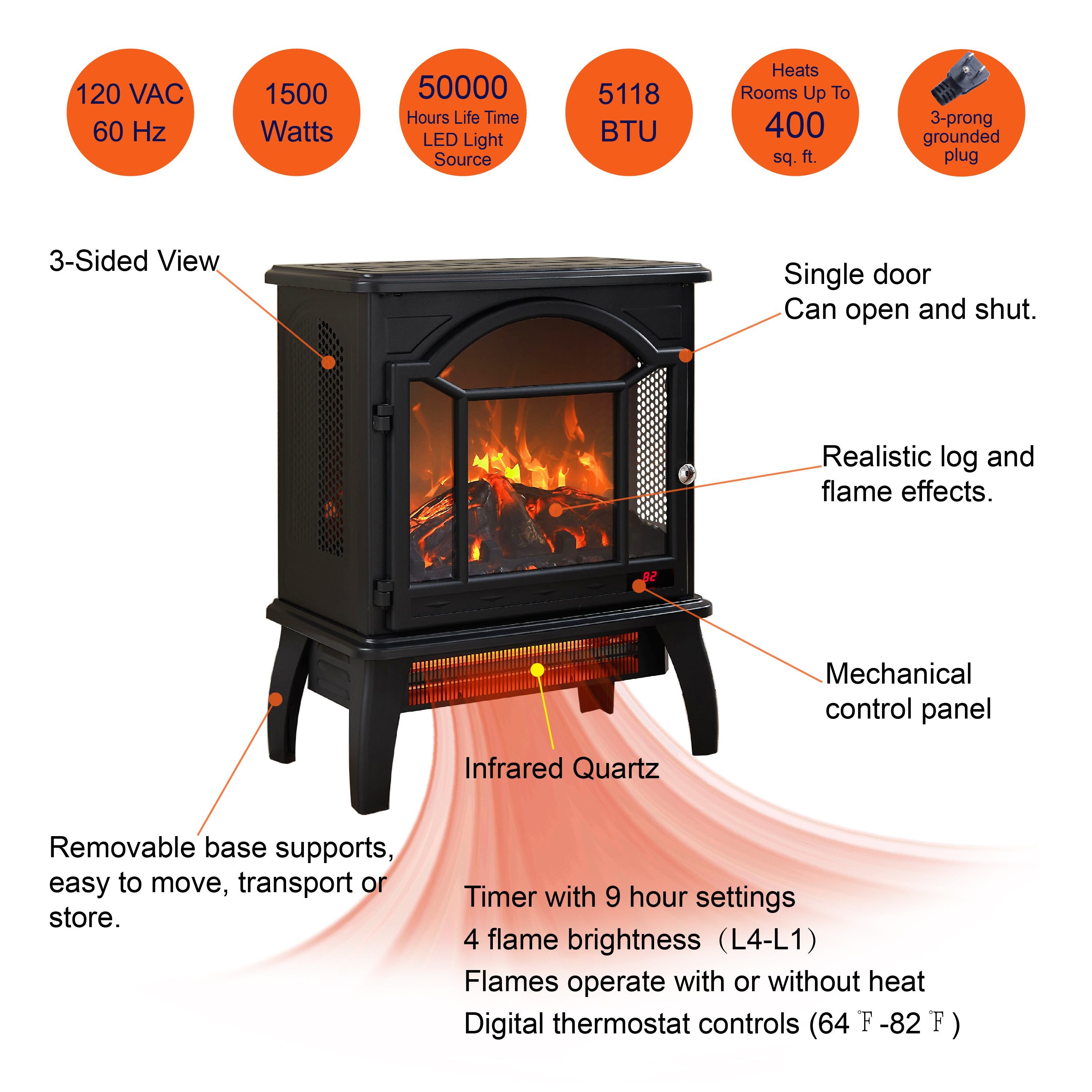 18" 3D Flame Electric Infrared Quartz Fireplace Stove with Adjustable Thermostat, Remote Control, and Safety Features, Antique Black
