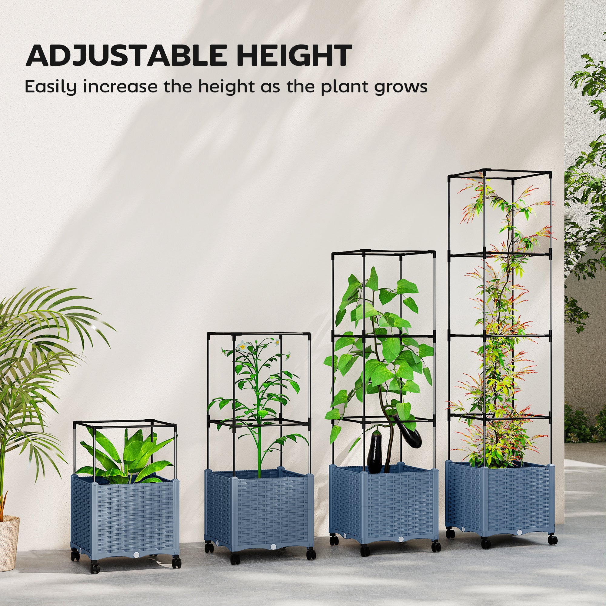 Raised Garden Bed with Trellis, Tomato Cage with Lockable Wheels, Self Watering Planter Box with Drainage Holes, Gray