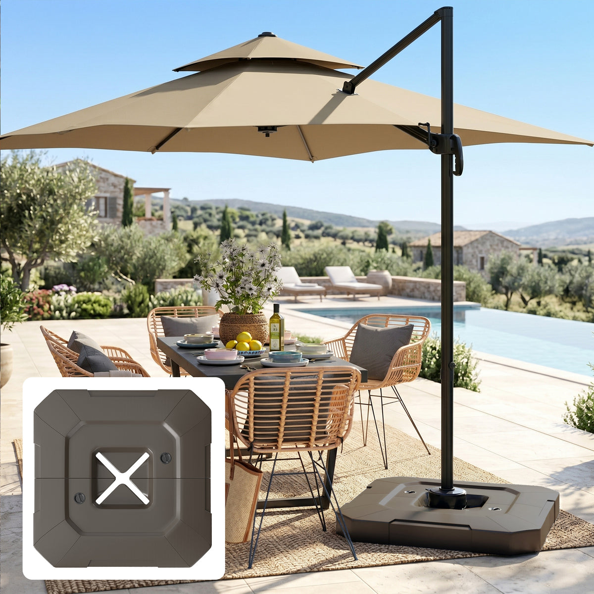 2-Piece Cantilever Umbrella Base Weight Set, 231 lb Water or Sand Fillable Outdoor Offset Umbrella Weights, Brown