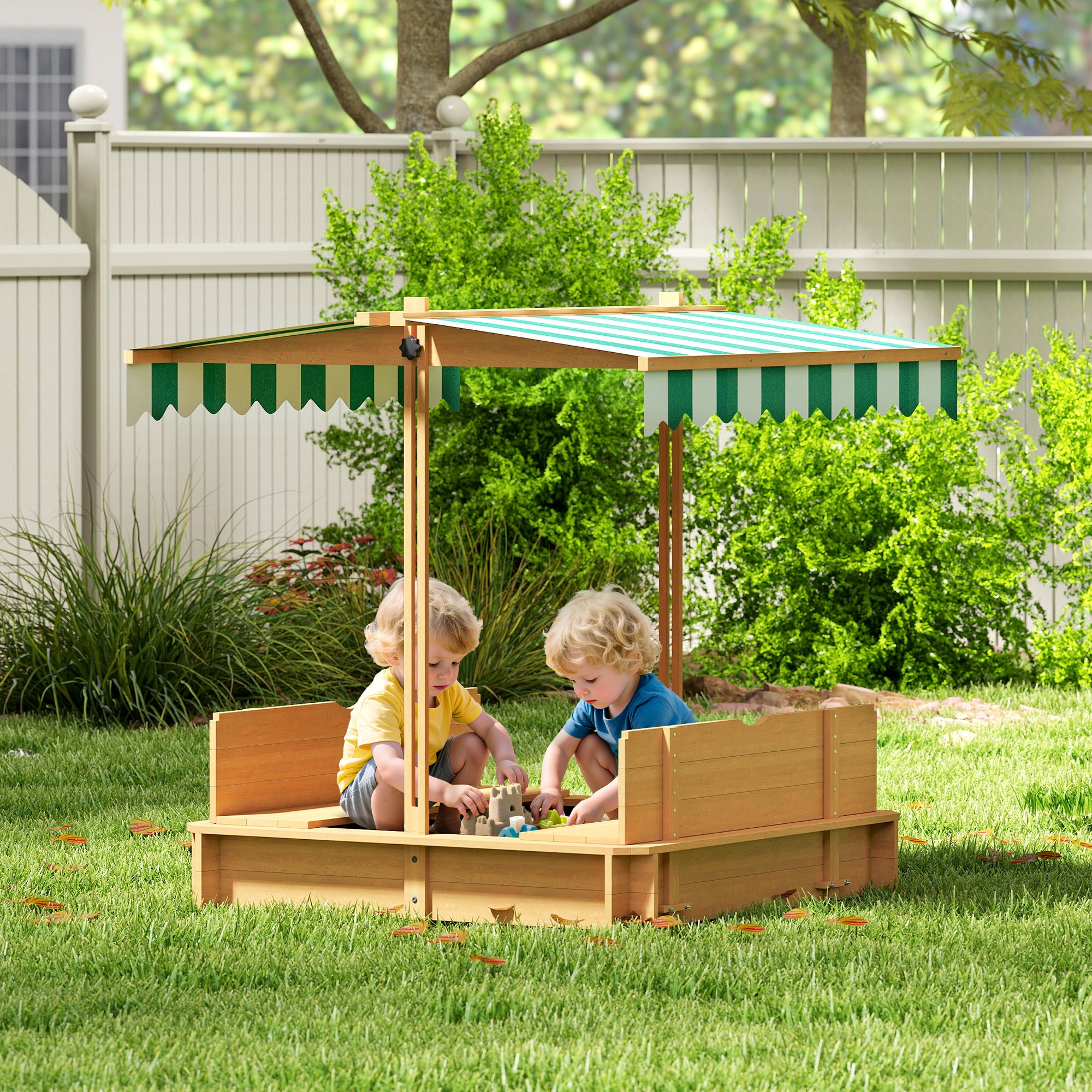 Wooden Kids Sandbox with Cover, Children Outdoor Sand Box with Foldable Bench Seats and Adjustable Canopy