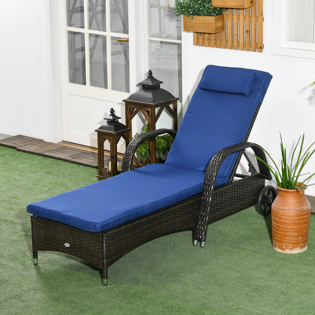Reclining Chaise Lounge Chair, Rolling Outdoor Chair with Cushion, Pillow, Headrest, Armrests, and Wheels, Brown