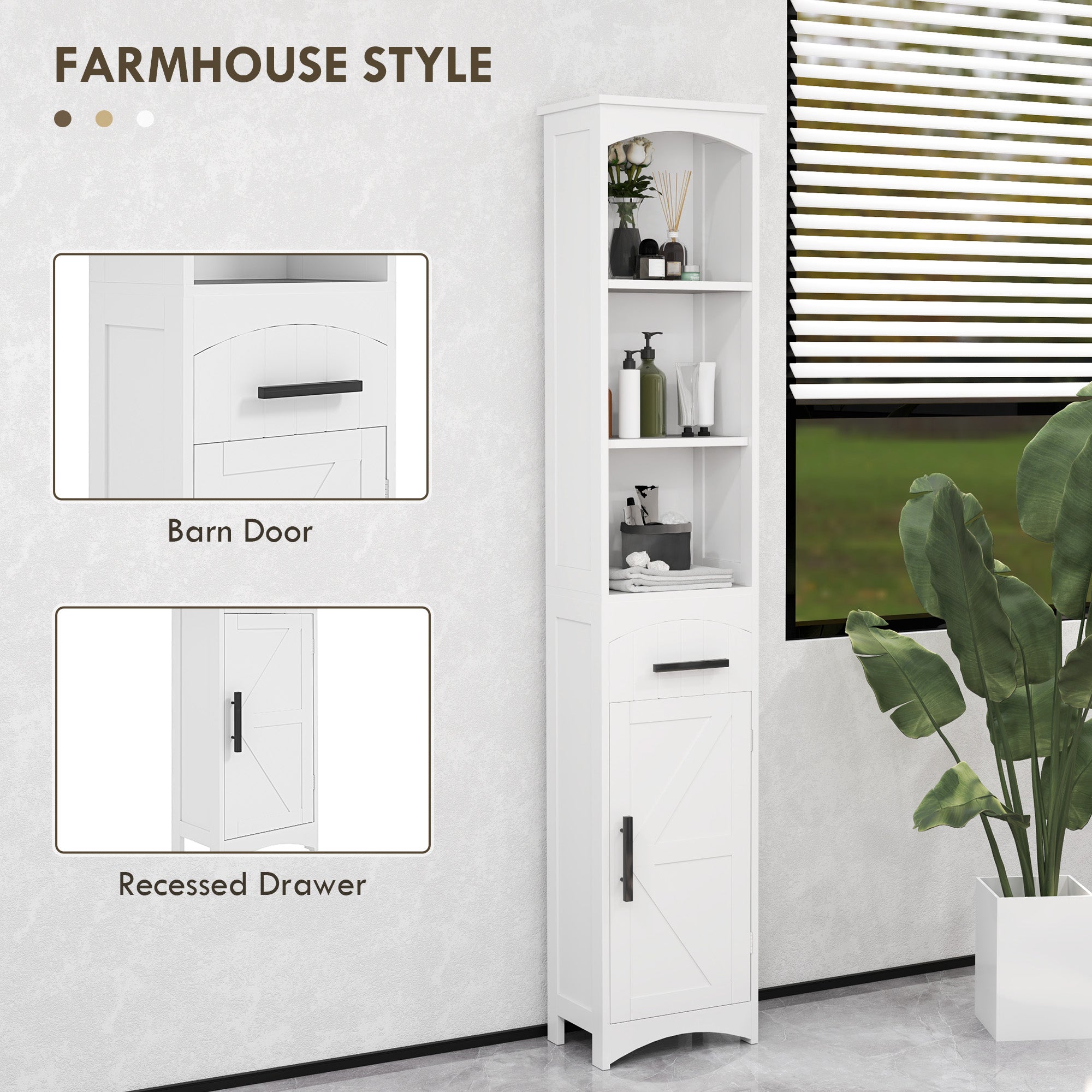 Farmhouse Tall Slim Bathroom Storage Cabinet with Recessed Drawer, Narrow Cabinet with Barn Door, White