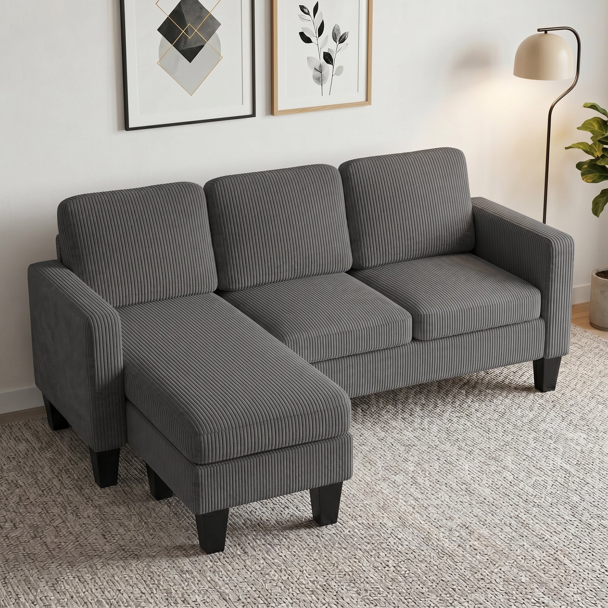 Sectional Sofa, L Shaped Couch, with Reversible Chaise or Ottoman, Dark Gray