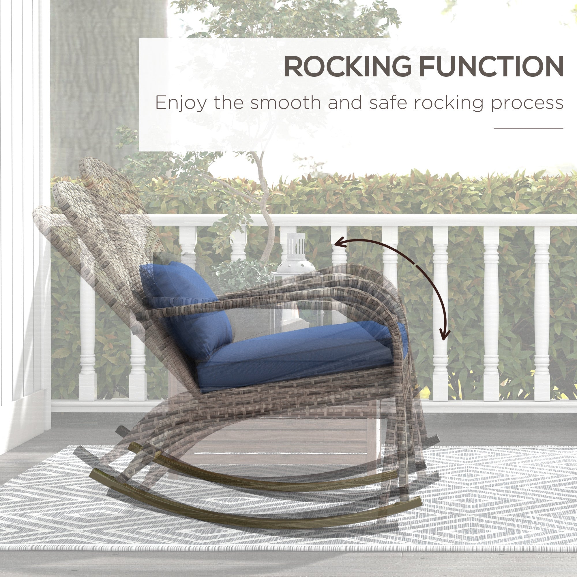 Adirondack Chair, Outdoor Wicker Rocking Chair with High Back, Seat Cushion, and Pillow for Porch, Balcony, Dark Blue