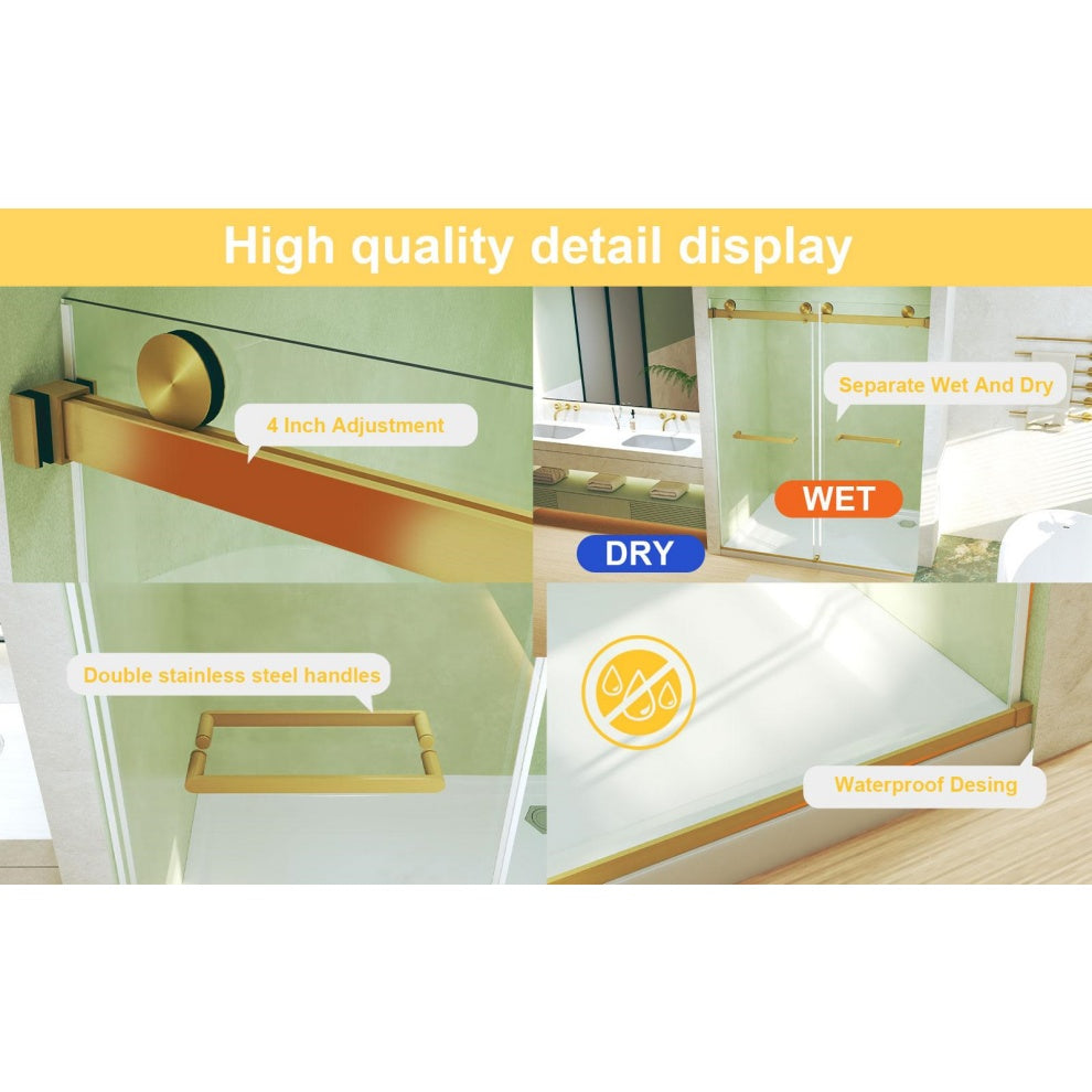 Frameless Double Sliding Shower Door with Silent Rollers, Bathroom Door with Square Tube Track, 60" L x 0.5" W x 74" H, Brushed Gold