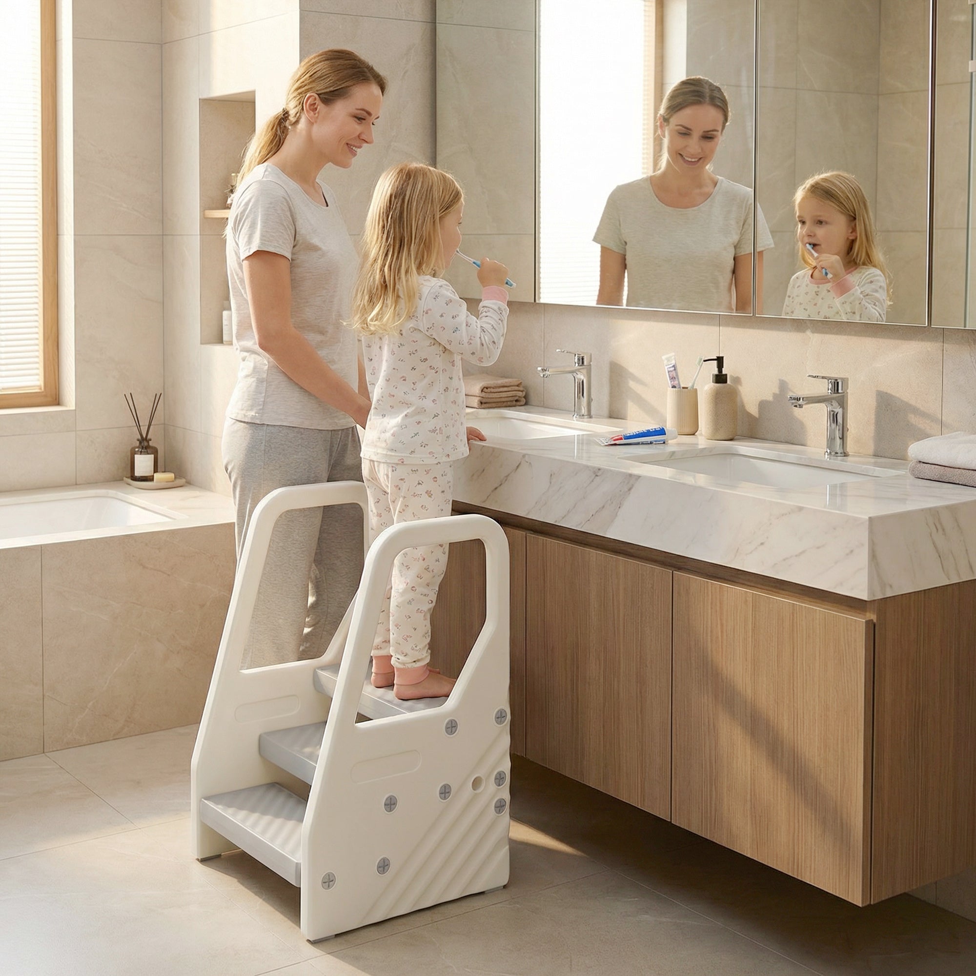 Adjustable 3 Step Toddler Tower with Handles, Non-slip Surface & Foot Pads, Gray