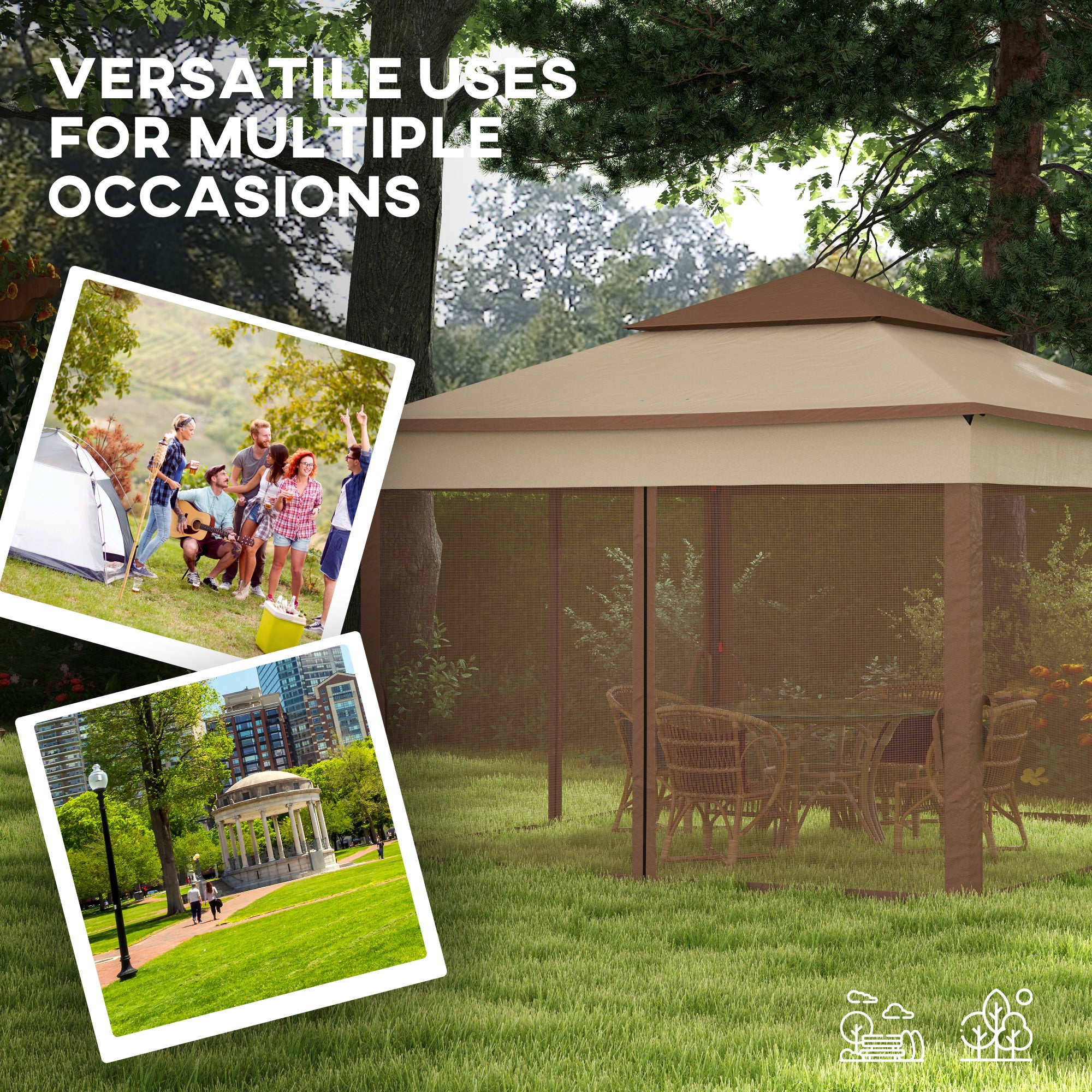 Outdoor Patio Pop Up Canopy Gazebo Shelter with Zipper Netting, Carry Bag, 11' x 11', Khaki