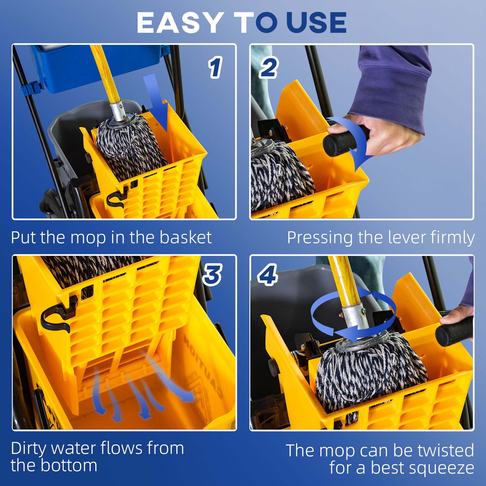 2 x 6.9 Gallon Mop Water Bucket Wringer Cart with Easy to Use Side Press Wringer, Smooth Wheels, Mop-Handle Holder