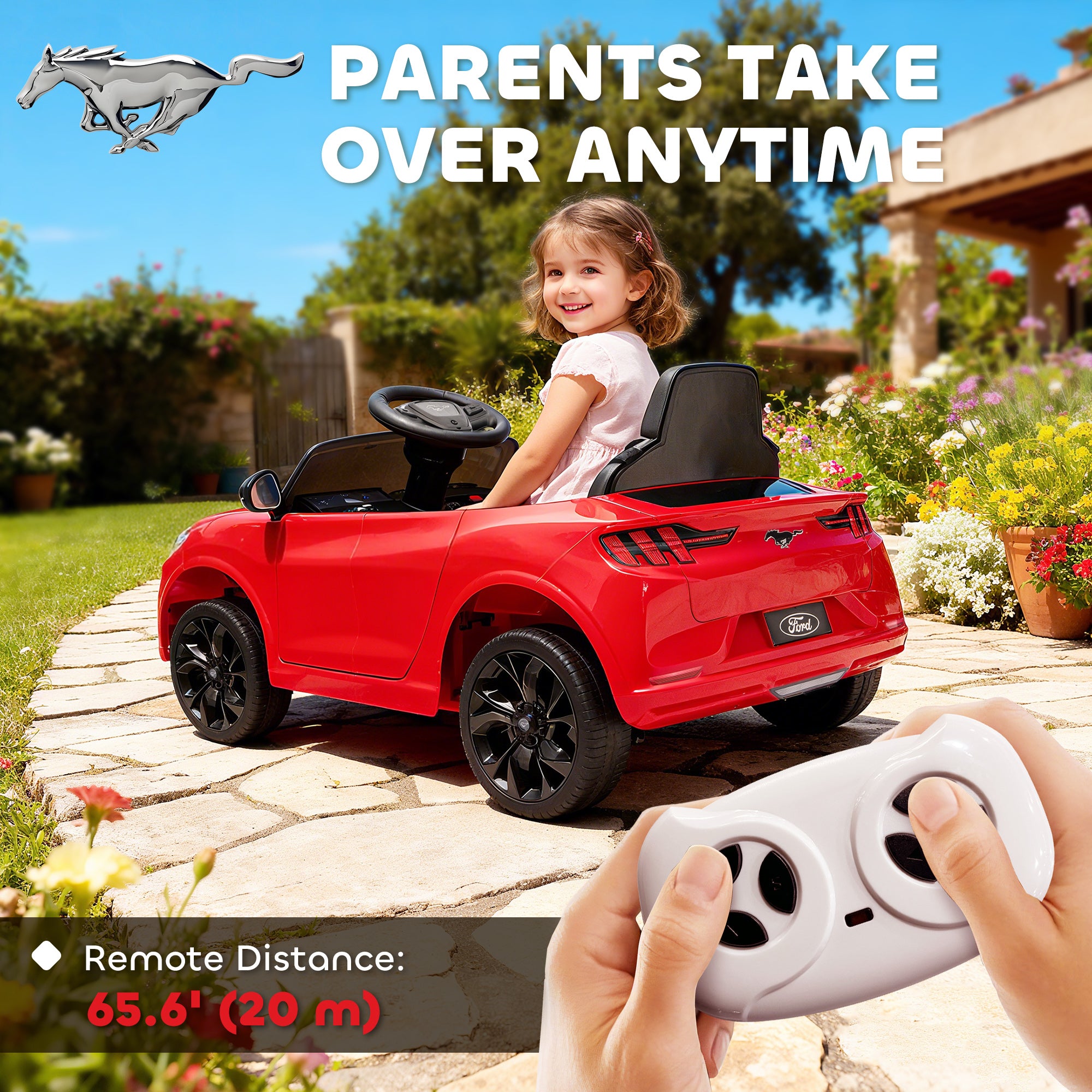 12V Kids Ride On Car, Licensed Mach-E Electric Car with Remote Control, LED Light, Music, Red