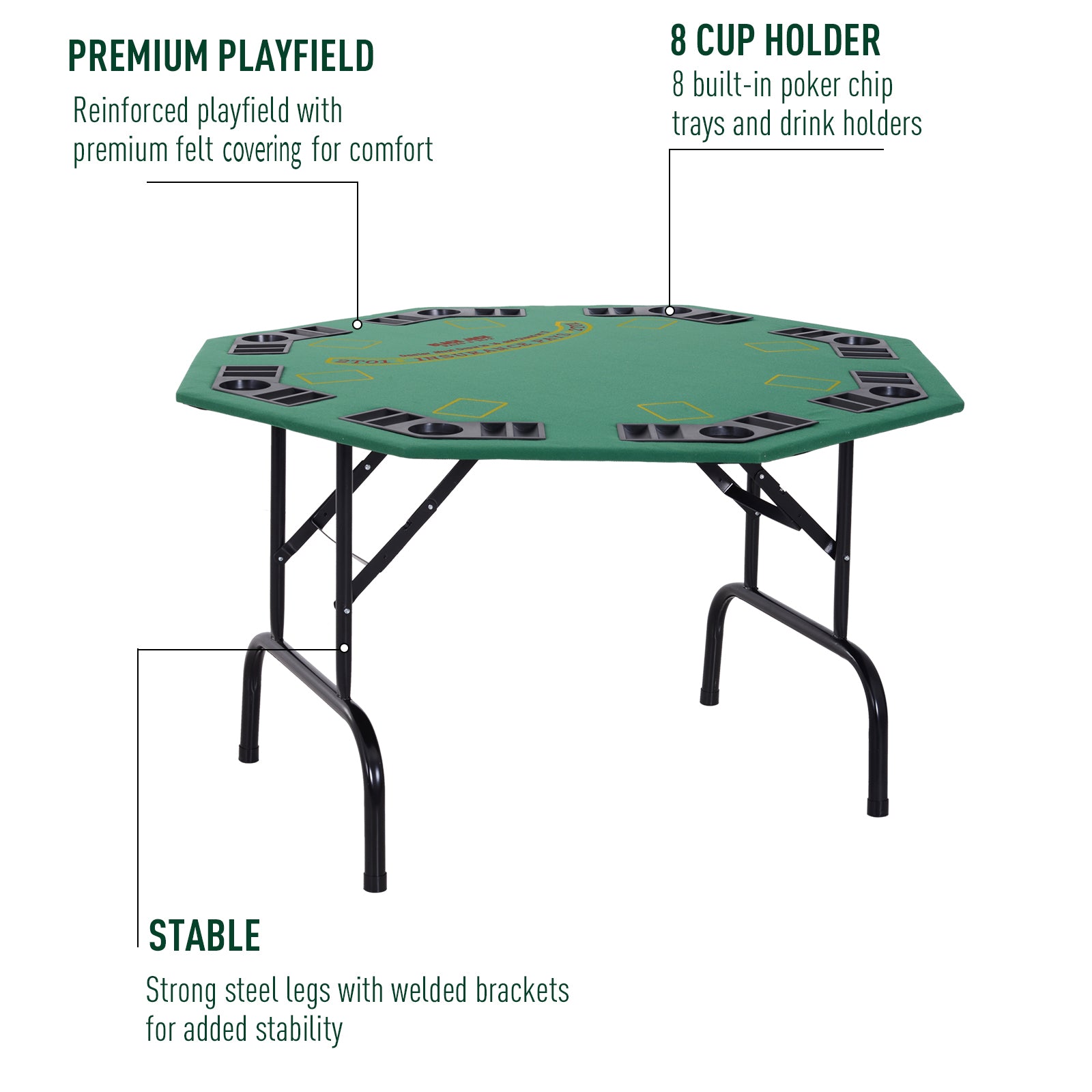 Poker Table Foldable, 47" Octagon Blackjack Poker Game Table for 8 Players with Cup Holders and Chips Tray, Green Felt