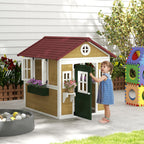 Wooden Playhouse for Kids Outdoor with Doors, Windows, Planter Pots and Boxes for Toddlers 3-8 Years, Beige