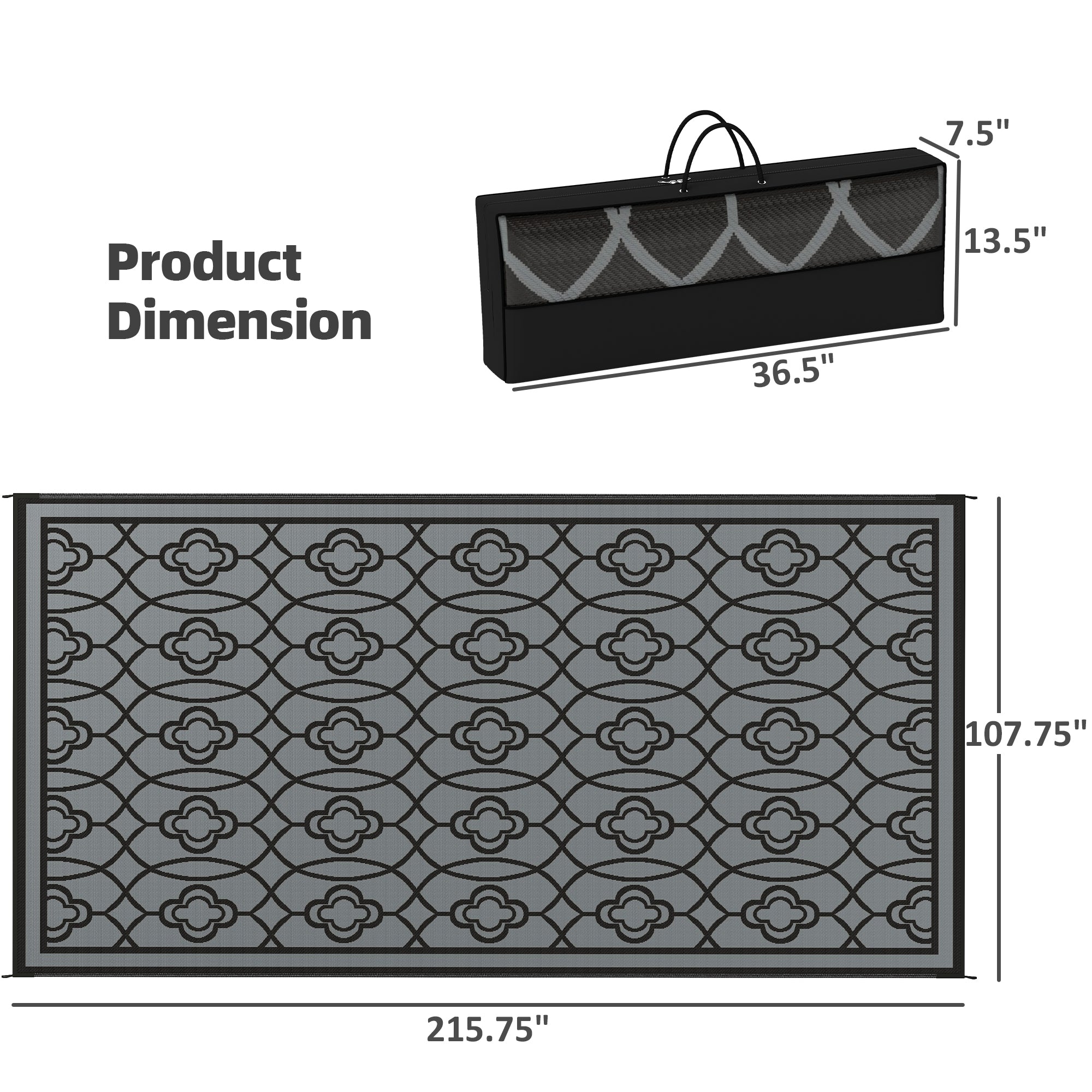 Reversible Outdoor Rug, Waterproof Plastic Straw with Carry Bag, 9' x 18', Black & Gray Lantern