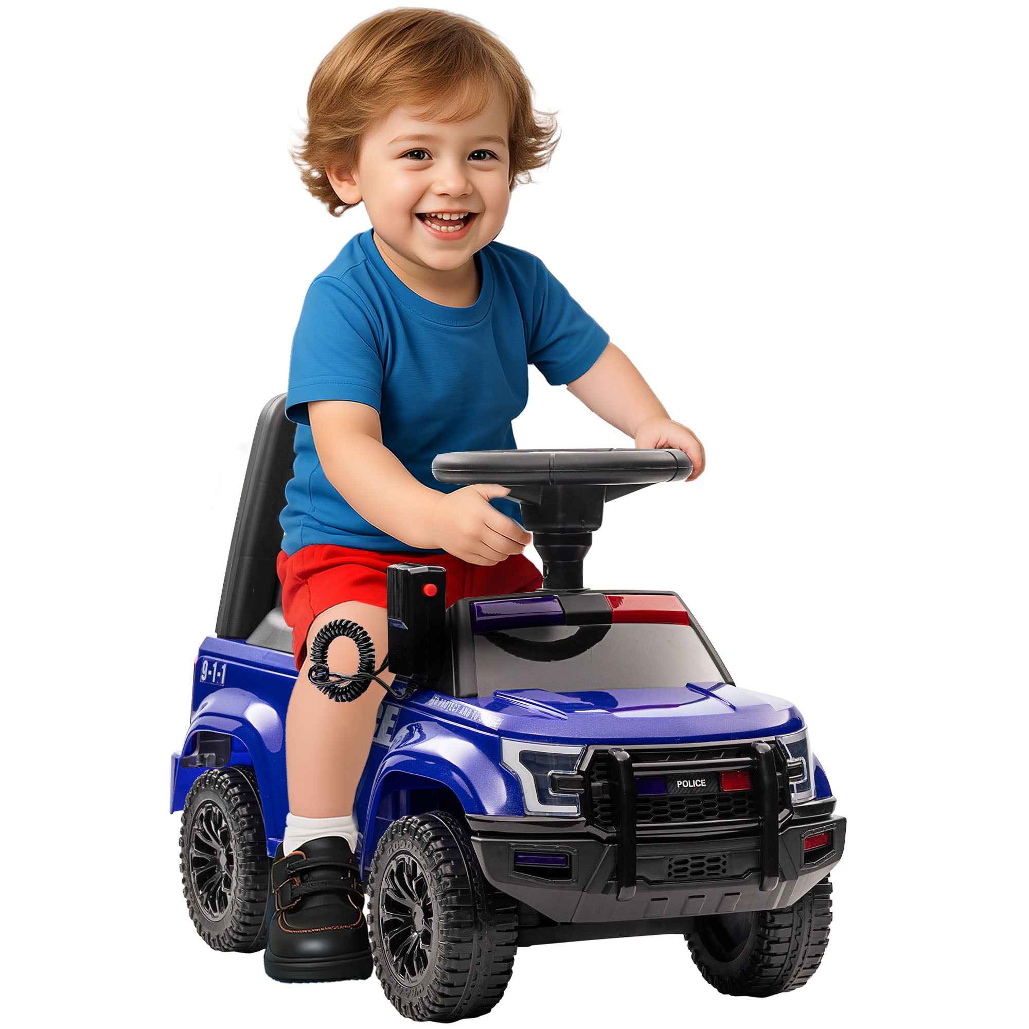 Kids Push Ride On Car with Working PA System and Horn, Police Truck Style Foot-to-Floor Sliding Car for Boys and Girls with Under-Seat Storage, for 18 Months to 5 Years Old, Blue