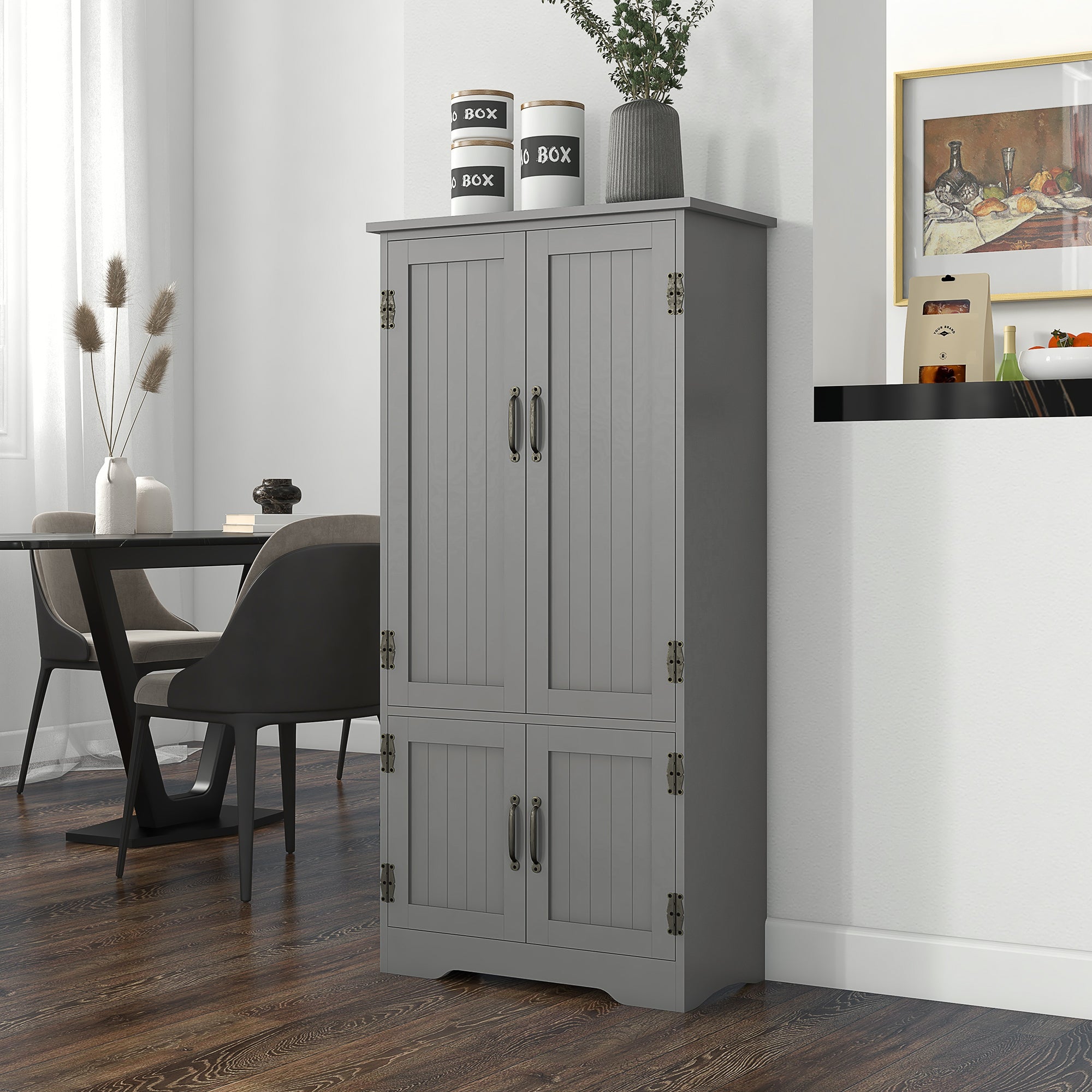 Accent Floor Storage Cabinet Kitchen Pantry with Adjustable Shelves and 2 Lower Doors, Gray