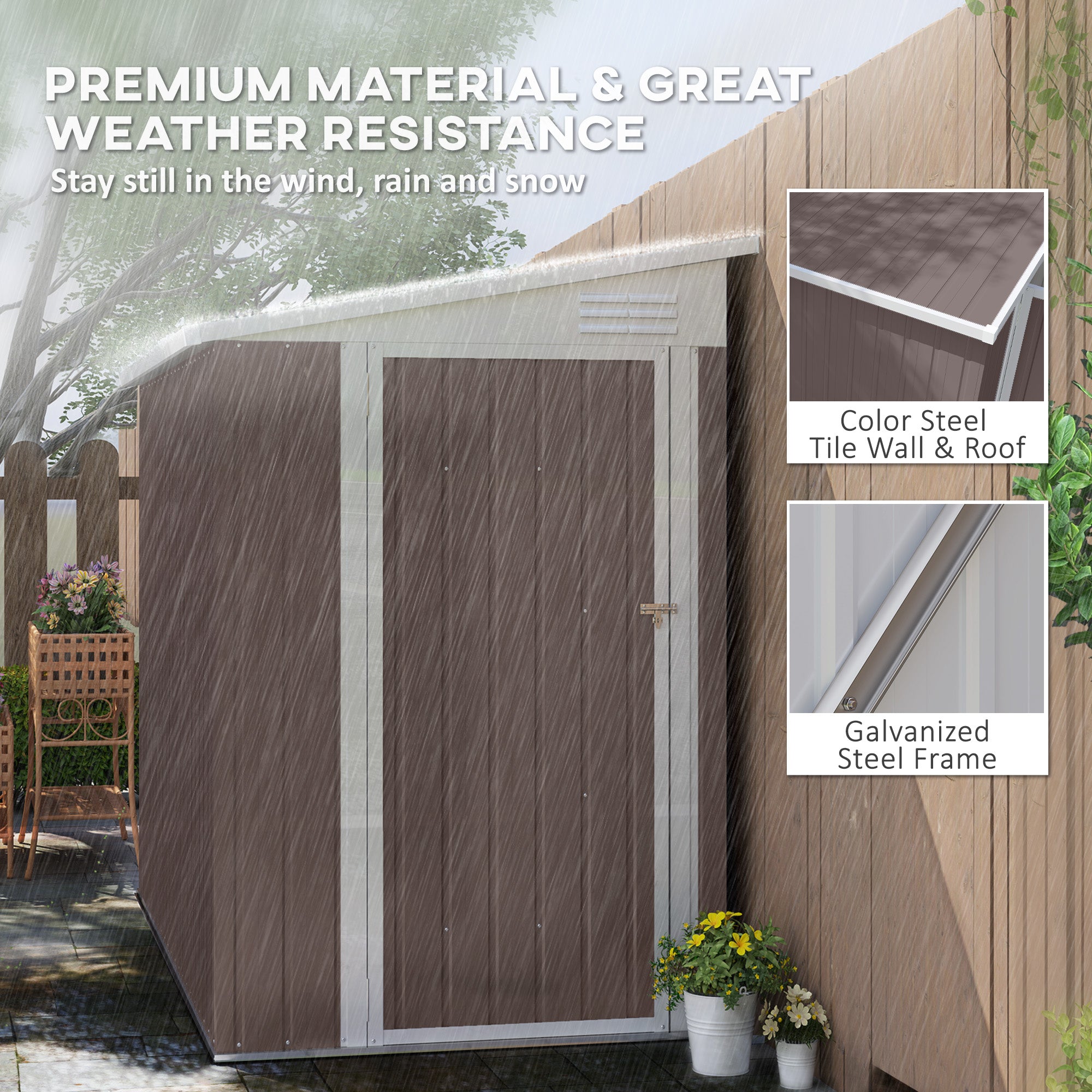 4' x 7.7' Lean to Garden Storage Shed, Outdoor Metal Tool House with Lockable Door Vents for Backyard Patio Lawn