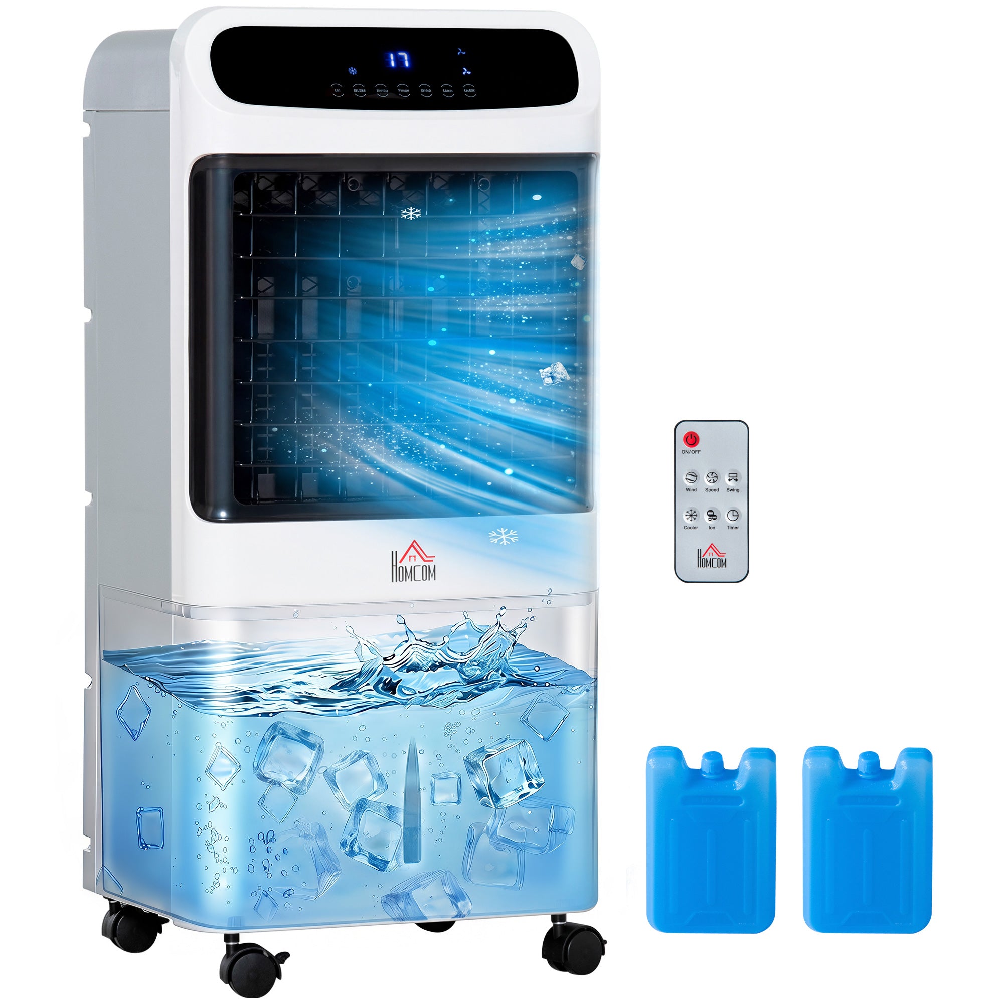 3-In-1 Ice Cooling Fan, Mobile Evaporative Air Cooler with Remote, Timer, Oscillating for Home Office, Bedroom, White