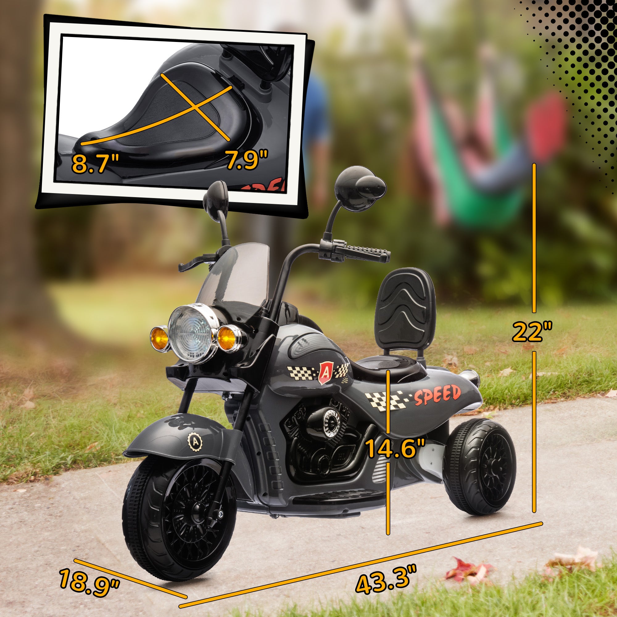 6V 3 Wheel Electric Motorcycle for Kids, Battery Powered Motorbike w/ Headlights, Music, Forward & Reverse, Gray